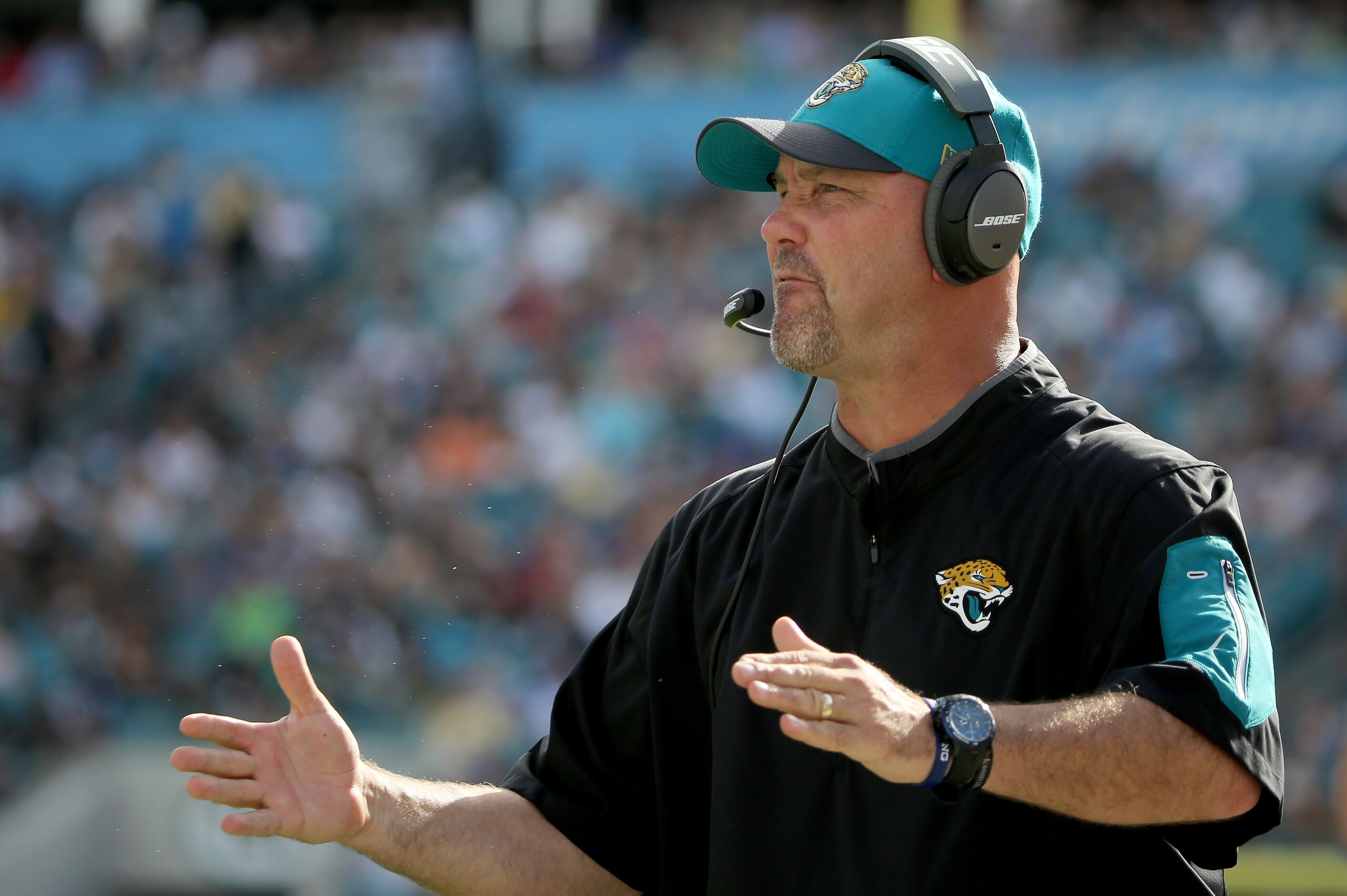 JACKSONVILLE, FL - DECEMBER 13:  Head coach Gus Bradley of the Jacksonville Jaguars watches the action during the game against the Indianapolis Colts at EverBank Field on December 13, 2015 in Jacksonville, Florida.  (Photo by Sam Greenwood/Getty Images)