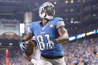 DETROIT MI - NOVEMBER 26: wide receiver Calvin Johnson #81 of the Detroit Lions celebrates a second quarter touchdown against the Philadelphia Eagles on November 26, 2015 at Ford Field in Detroit, Michigan.
(Photo by Leon Halip/Getty Images)