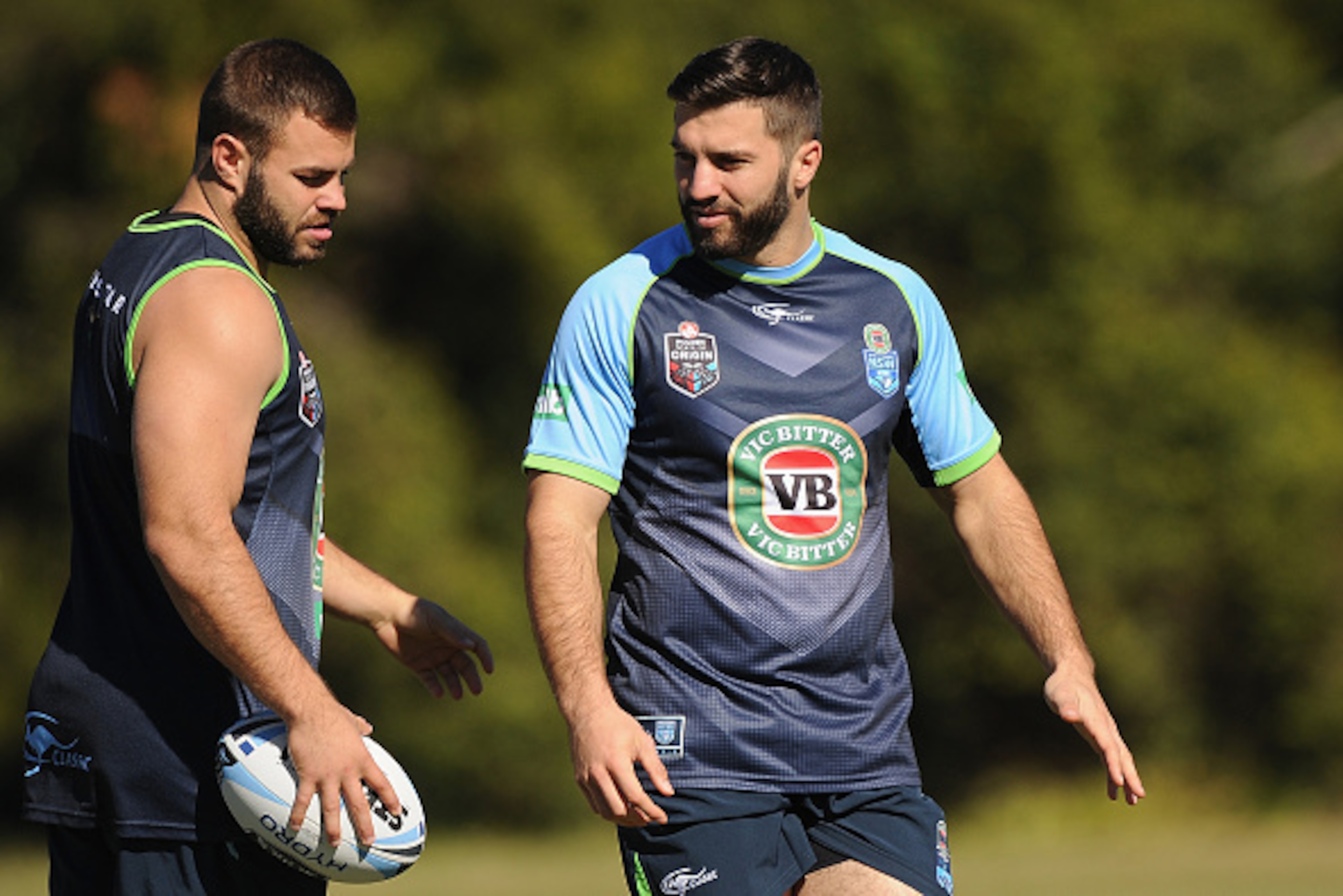 COFFS HARBOUR, AUSTRALIA - JULY 06: James Tedesco of the Blues speaks with Wade Graham during the New South Wales Blues State of Origin training session on July 6, 2016 in Coffs Harbour, Australia.  (Photo by Matt Roberts/Getty Images)
