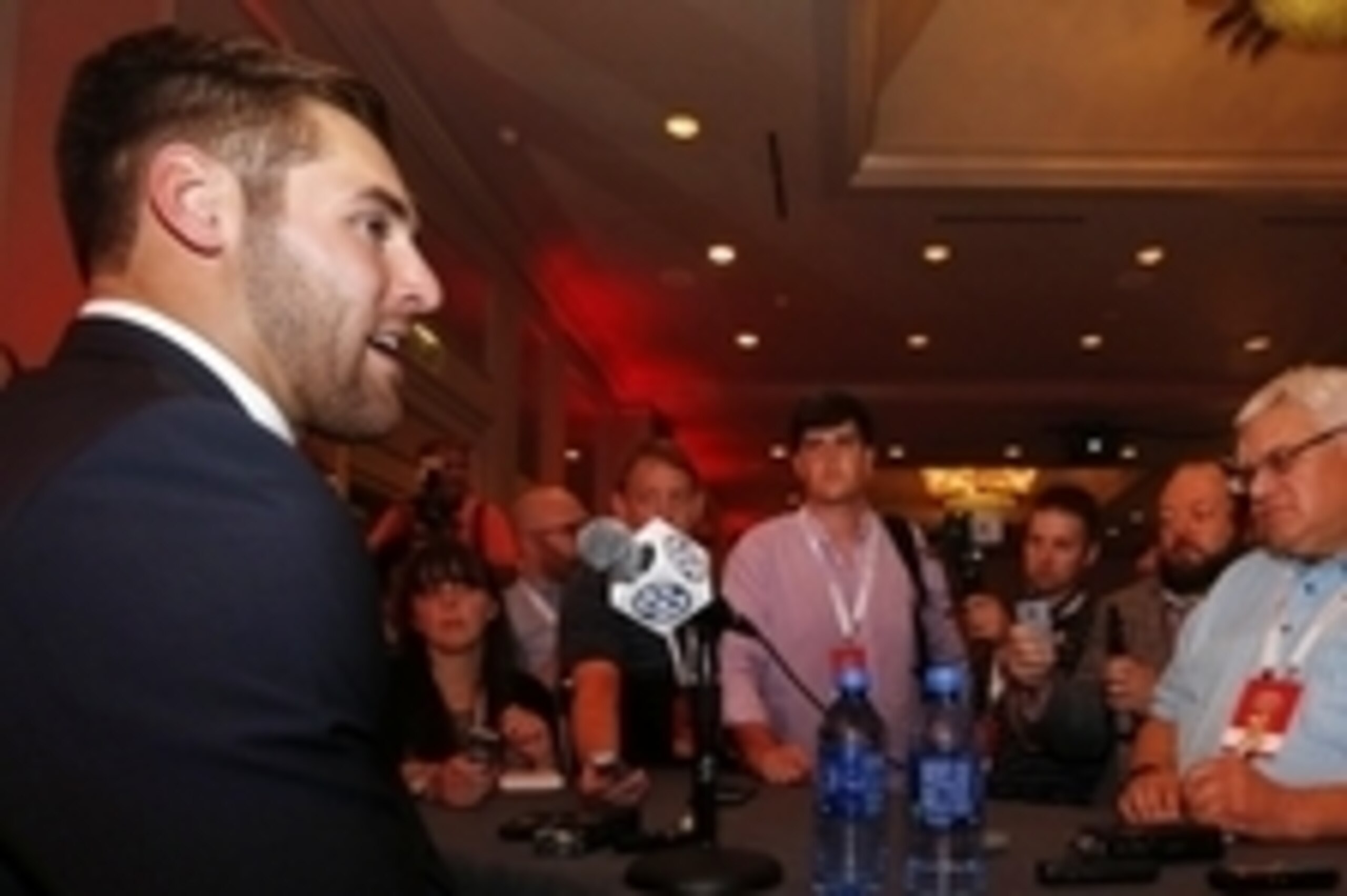 Jul 12, 2016; Hoover, AL, USA; Texas A&M player Trevor Knight speaks to the media during SEC media day at Hyatt Regency Birmingham-The Wynfrey Hotel. Mandatory Credit: Butch Dill-USA TODAY Sports Jul 12, 2016; Hoover, AL, USA; Texas A&M player Trevor Knight speaks to the media during SEC media day at Hyatt Regency Birmingham-The Wynfrey Hotel. Mandatory Credit: Butch Dill-USA TODAY Sports