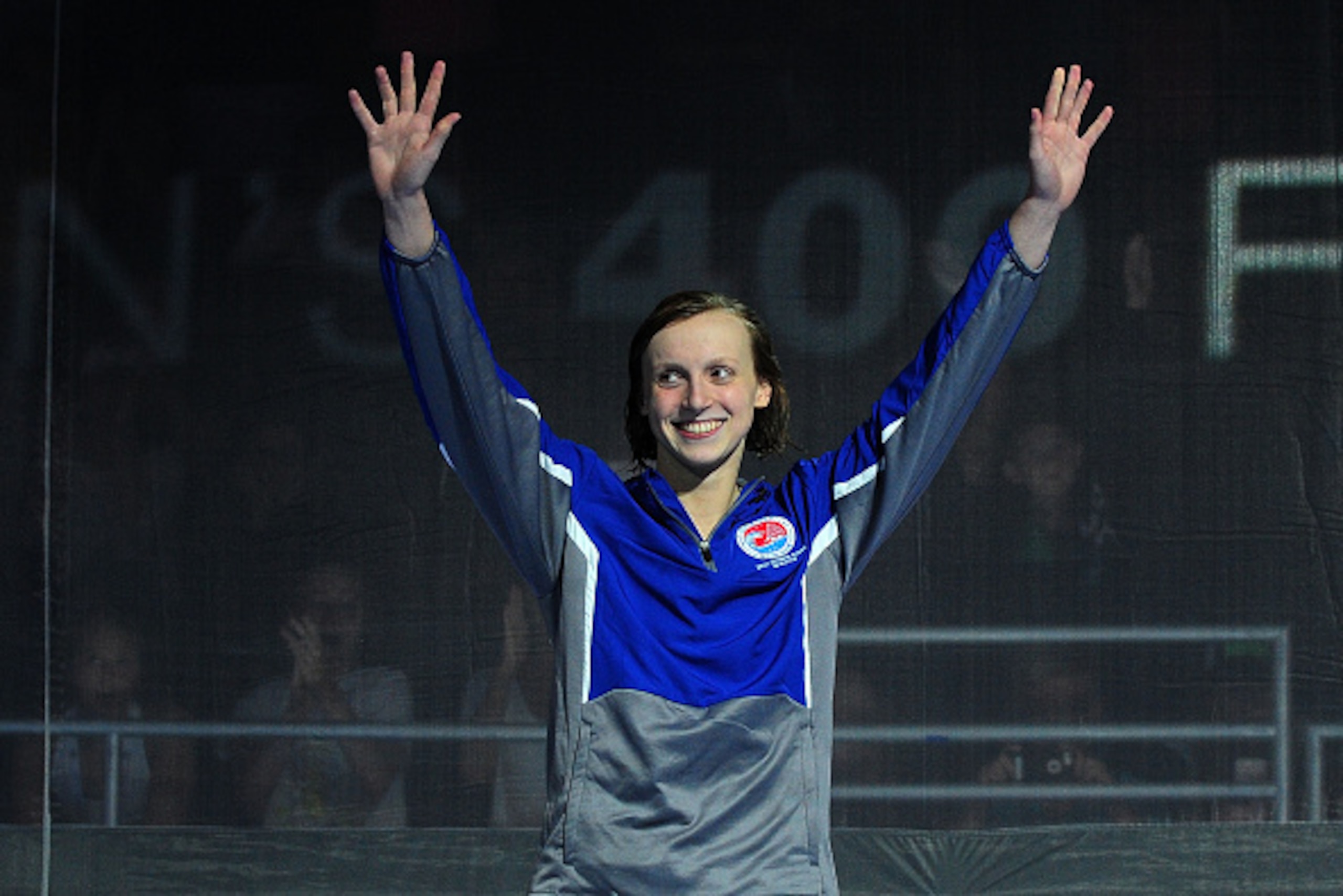 OMAHA, NE - JUNE 27:  Katie Ledecky of the United States participates in the medal ceremony for the Women's 400 Meter Freestyle during Day 2 of the 2016 U.S. Olympic Team Swimming Trials at CenturyLink Center on June 27, 2016 in Omaha, Nebraska.  (Photo b