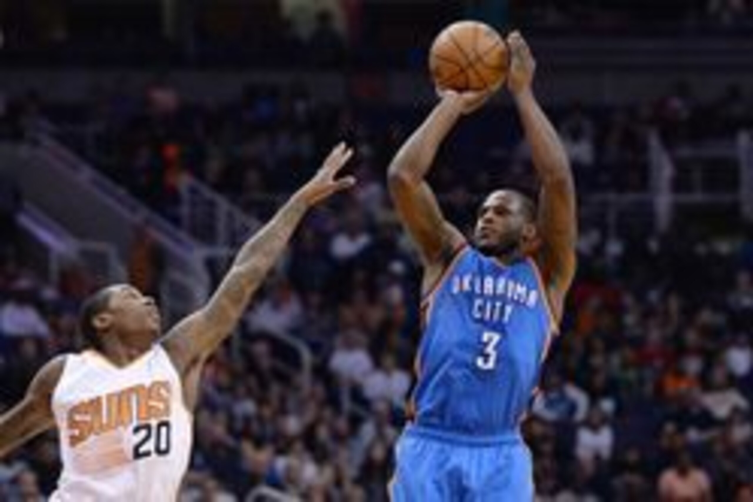 Feb 8, 2016; Phoenix, AZ, USA; Oklahoma City Thunder guard Dion Waiters (3) shoots the ball over Phoenix Suns guard Archie Goodwin (20) at Talking Stick Resort Arena.  Oklahoma City won 122- 106.  Mandatory Credit: Jennifer Stewart-USA TODAY Sports