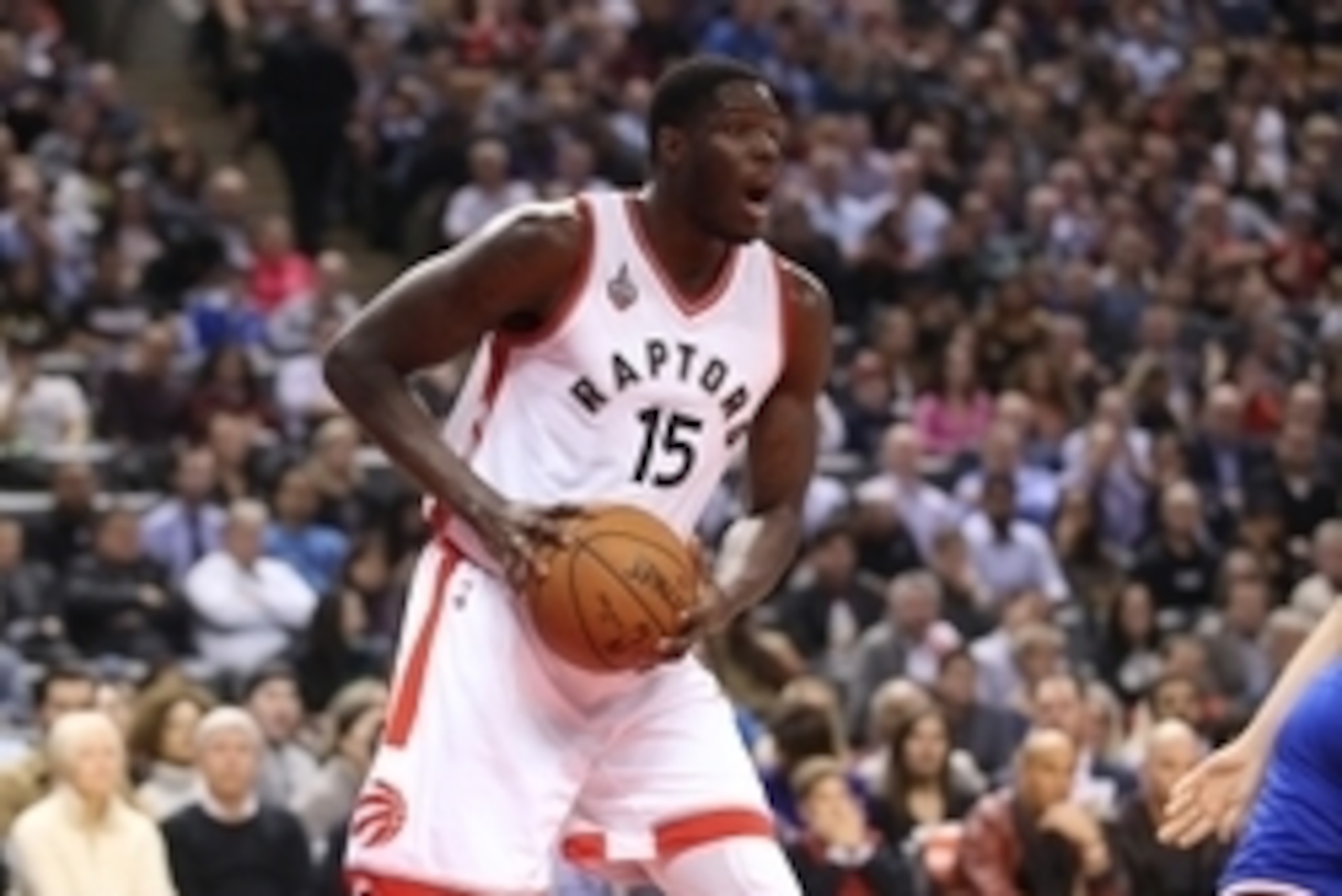 Nov 10, 2015; Toronto, Ontario, CAN; Toronto Raptors forward Anthony Bennett (15) with the ball against the New York Knicks at Air Canada Centre. The Knicks beat the Raptors 111-109. Mandatory Credit: Tom Szczerbowski-USA TODAY Sports