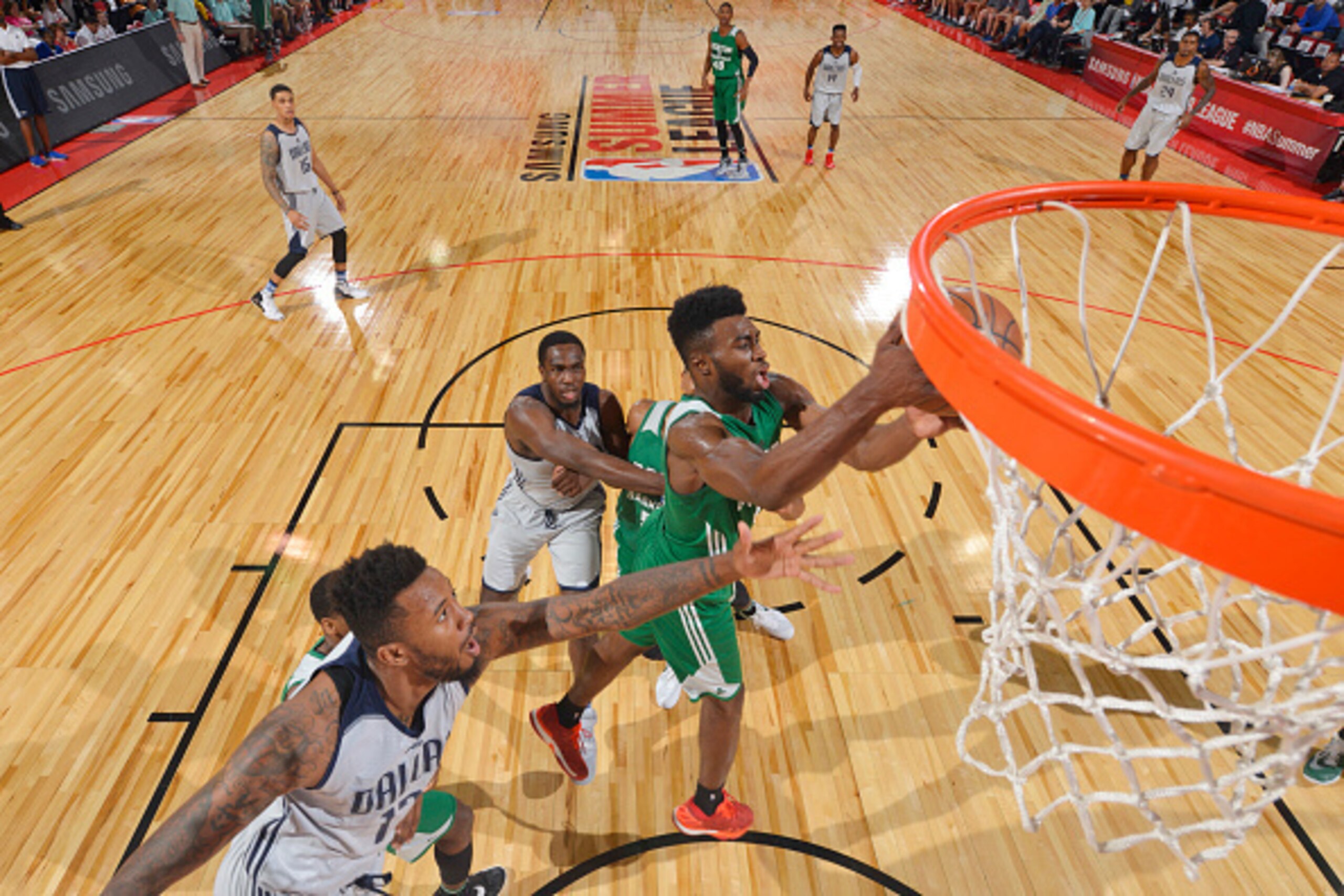 LAS VEGAS, NV - JULY 12:  Jaylen Brown #9 of the Boston Celtics grabs the rebound against the Dallas Mavericks during the 2016 NBA Las Vegas Summer League game on July 12, 2016 at the Cox Pavillion in Las Vegas, Nevada. NOTE TO USER: User expressly acknow