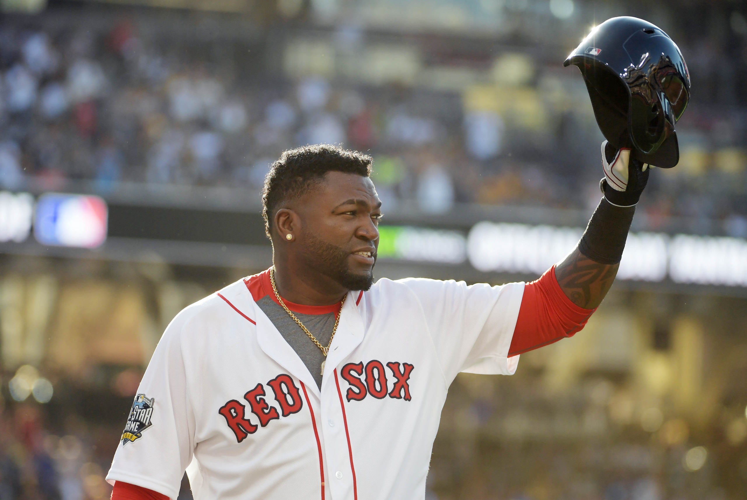 Jul 12, 2016; San Diego, CA, USA; American League player David Ortiz (34) of the Boston Red Sox tips his helmet to the crowd as he is replaced in the third inning in the 2016 MLB All Star Game at Petco Park. Mandatory Credit: Kirby Lee-USA TODAY Sports