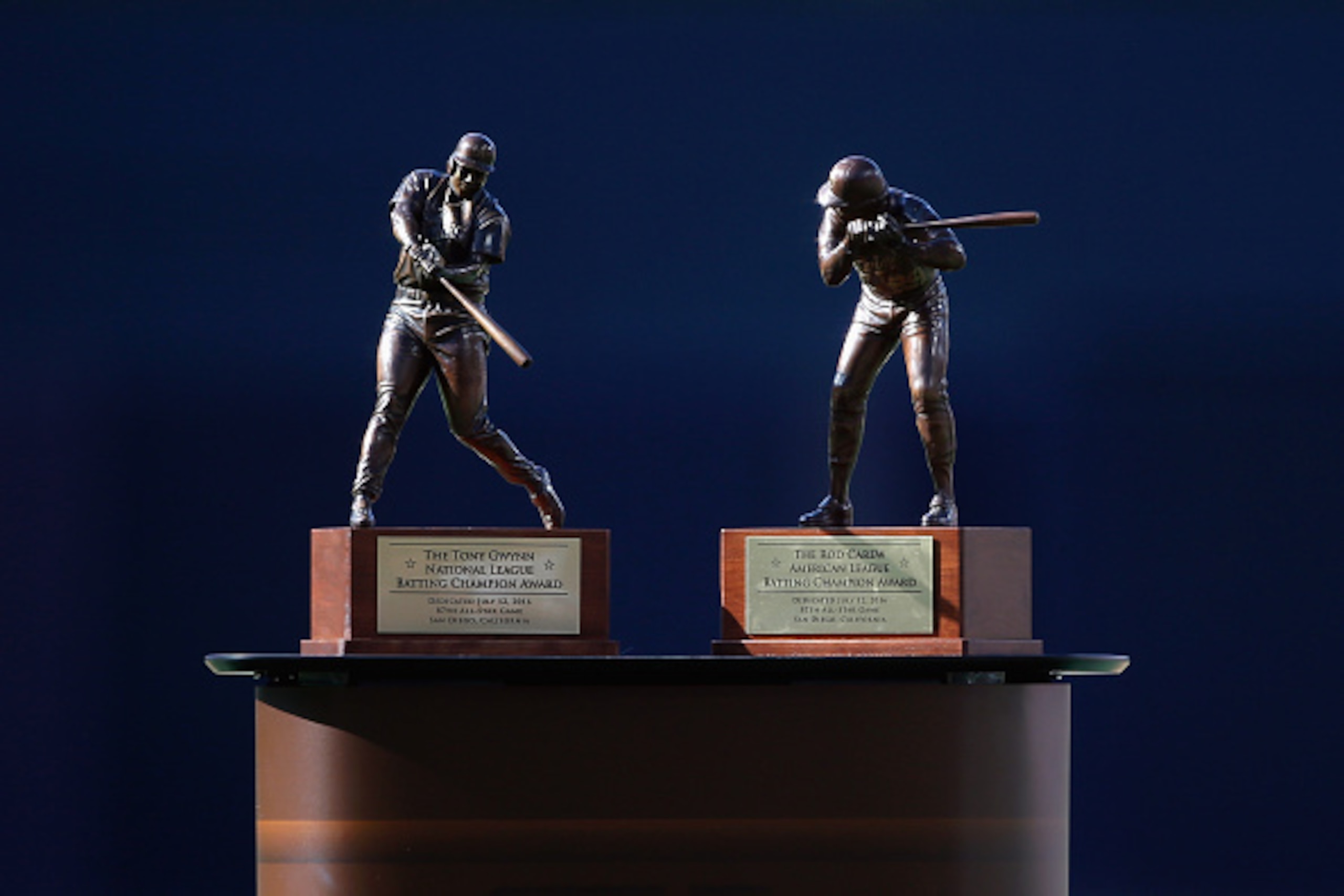 SAN DIEGO, CA - JULY 12:  A detailed view of the Tony Gwynn National League Batting Champion Award and the Rod Carew American League Batting Champion Award prior to the 87th Annual MLB All-Star Game at PETCO Park on July 12, 2016 in San Diego, California.