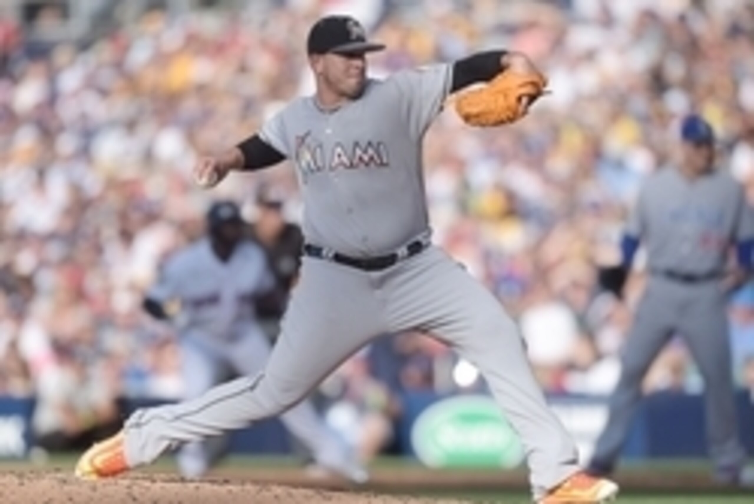 Jul 12, 2016; San Diego, CA, USA; National League pitcher Jose Fernandez (16) of the Miami Marlins throws a pitch in the second inning in the 2016 MLB All Star Game at Petco Park. Mandatory Credit: Gary A. Vasquez-USA TODAY Sports