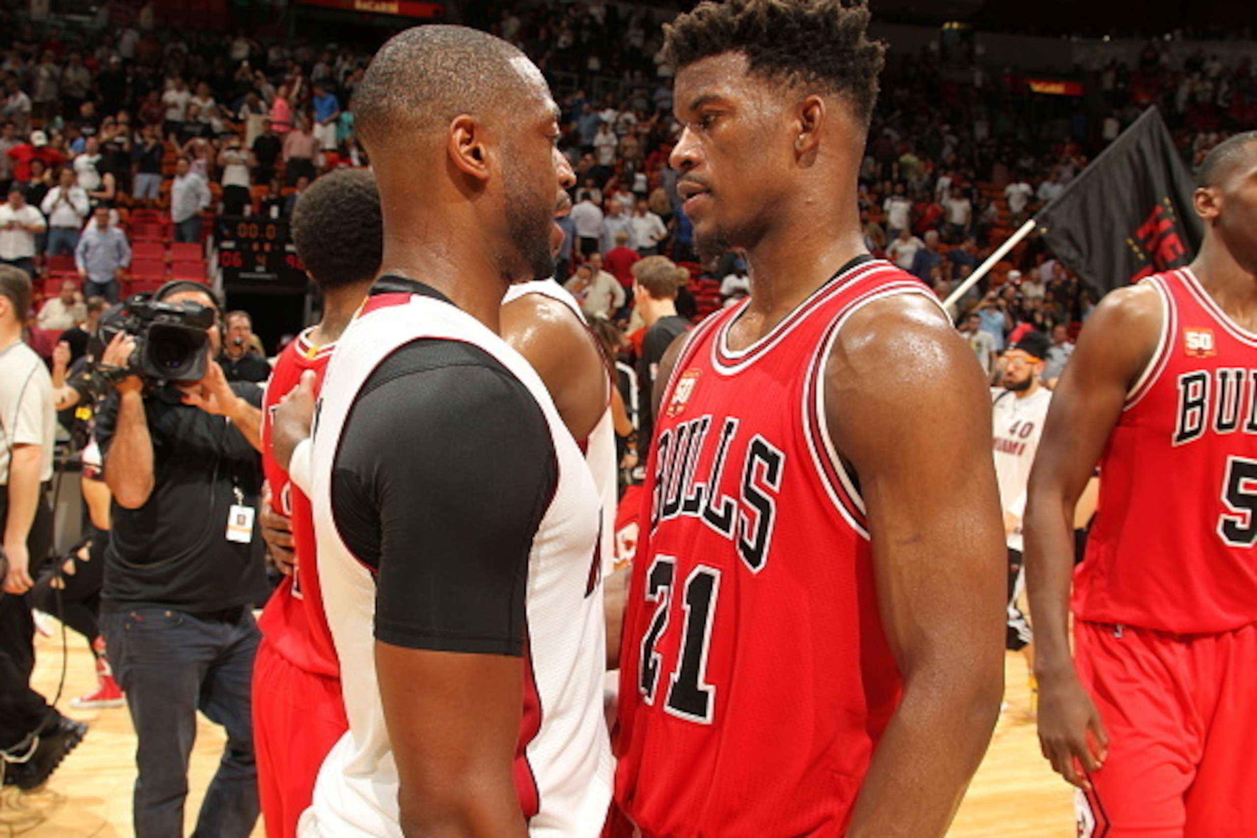 MIAMI, FL - APRIL 7: Dwyane Wade #3 of the Miami Heat and Jimmy Butler #21 of the Chicago Bulls are seen after the game on April 7, 2016 at AmericanAirlines Arena in Miami, Florida. NOTE TO USER: User expressly acknowledges and agrees that, by downloading MIAMI, FL - APRIL 7: Dwyane Wade #3 of the Miami Heat and Jimmy Butler #21 of the Chicago Bulls are seen after the game on April 7, 2016 at AmericanAirlines Arena in Miami, Florida. NOTE TO USER: User expressly acknowledges and agrees that, by downloading