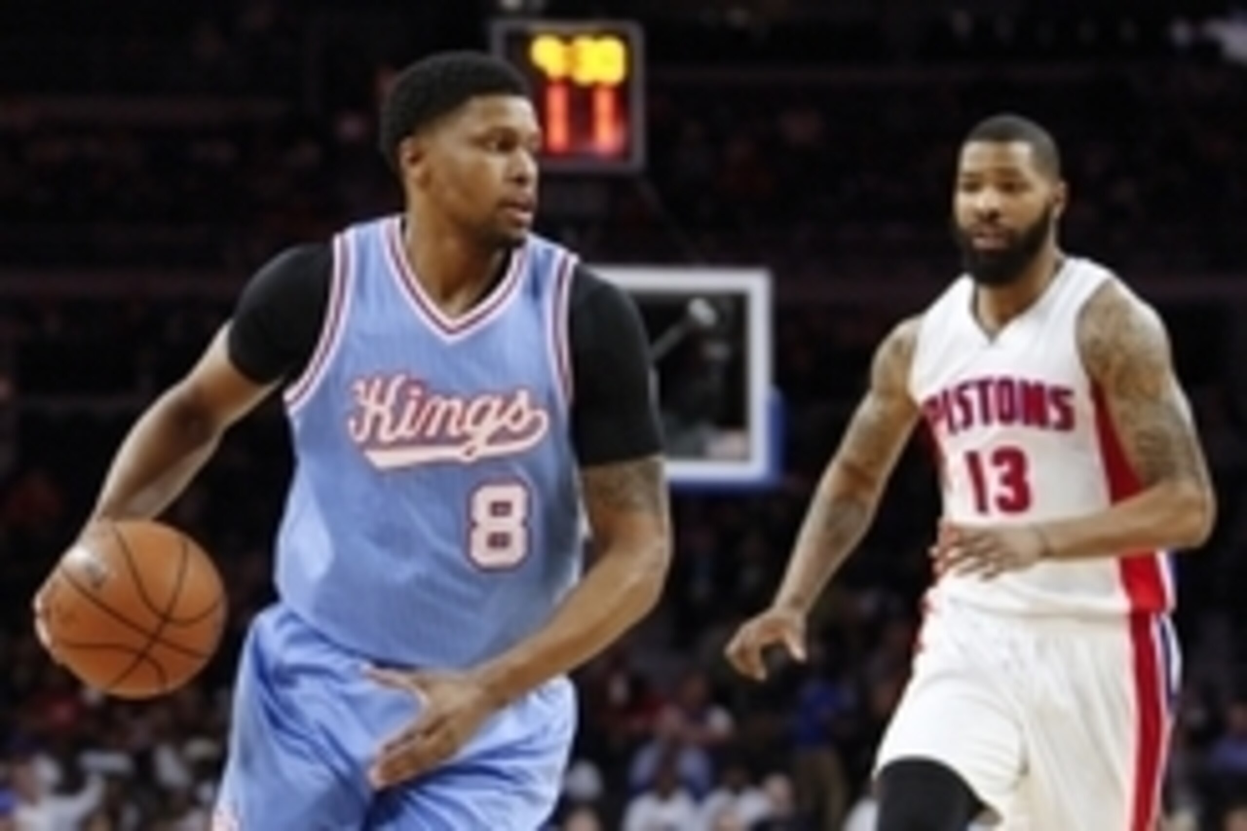 Mar 18, 2016; Auburn Hills, MI, USA; Sacramento Kings forward Rudy Gay (8) dribbles the ball past Detroit Pistons forward Marcus Morris (13) during the second quarter at The Palace of Auburn Hills. Mandatory Credit: Raj Mehta-USA TODAY Sports Mar 18, 2016; Auburn Hills, MI, USA; Sacramento Kings forward Rudy Gay (8) dribbles the ball past Detroit Pistons forward Marcus Morris (13) during the second quarter at The Palace of Auburn Hills. Mandatory Credit: Raj Mehta-USA TODAY Sports