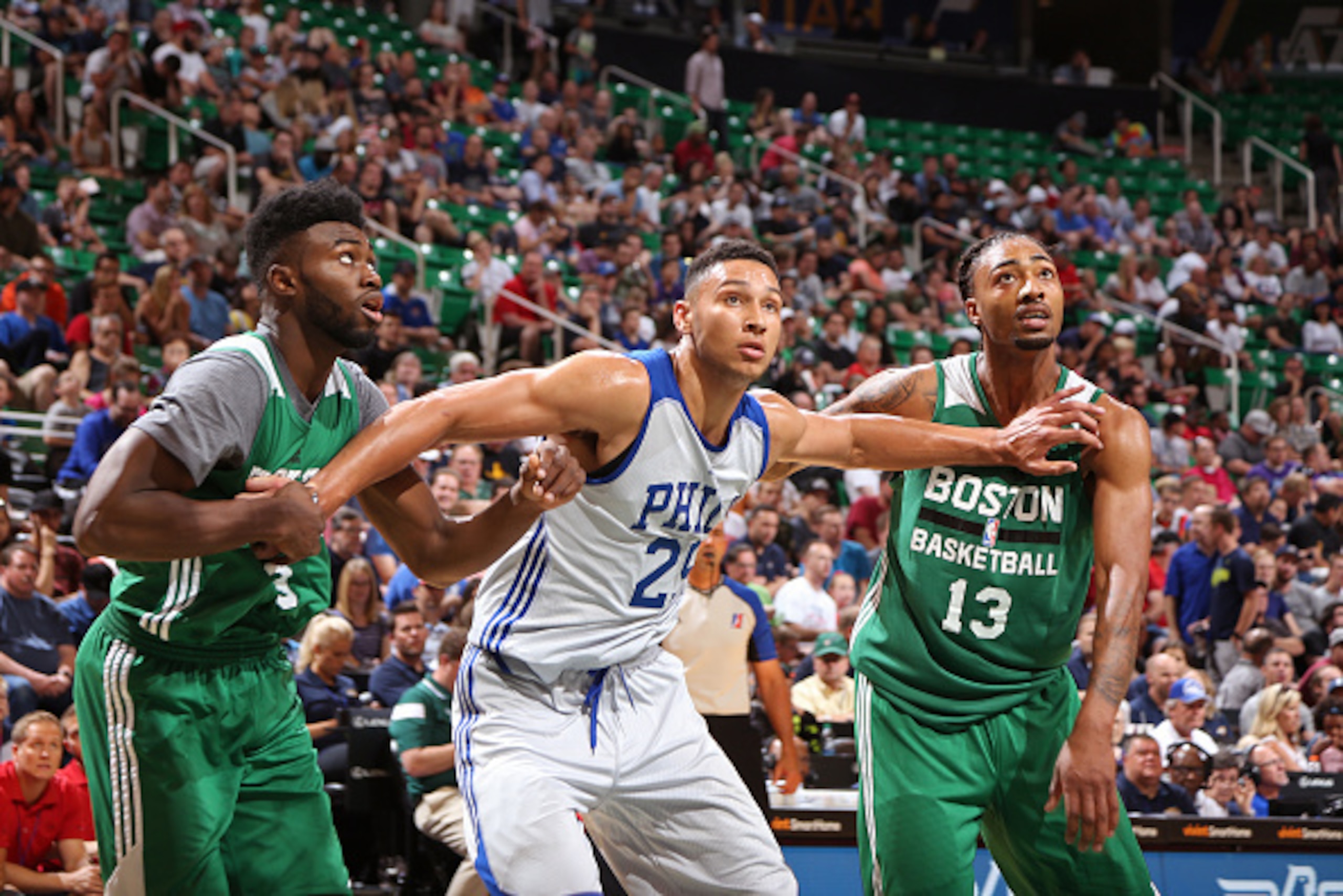 SALT LAKE CITY, UT - JULY 04: Ben Simmons #25 of the Philadelphia 76ers boxes out Jaylen Brown #9 and James Young #13 of the Boston Celtics during the 2016 Utah Summer League at vivint.SmartHome Arena on July 04, 2016 in Salt Lake City, Utah. NOTE TO USE SALT LAKE CITY, UT - JULY 04: Ben Simmons #25 of the Philadelphia 76ers boxes out Jaylen Brown #9 and James Young #13 of the Boston Celtics during the 2016 Utah Summer League at vivint.SmartHome Arena on July 04, 2016 in Salt Lake City, Utah. NOTE TO USE
