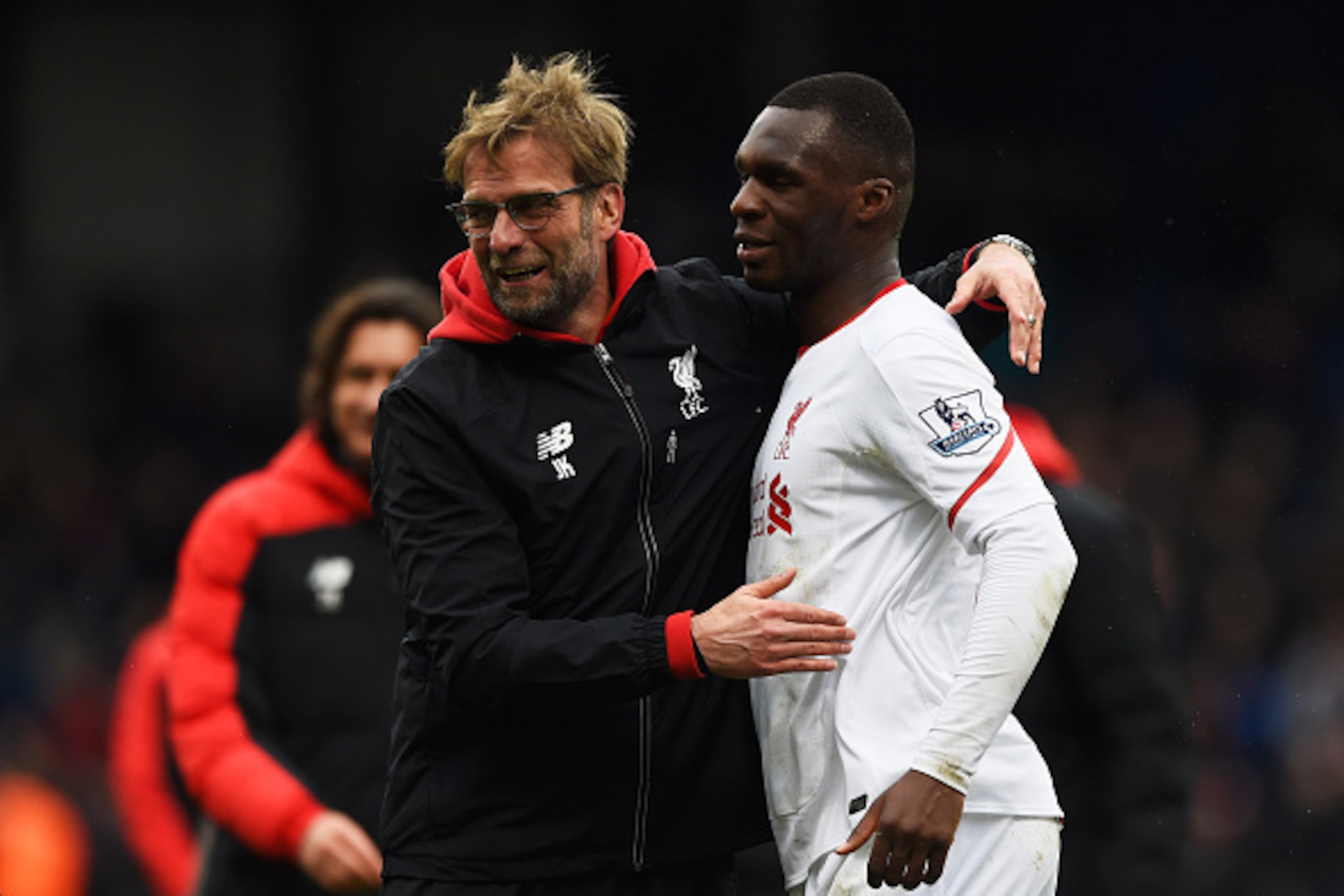 LONDON, ENGLAND - MARCH 06:  Jurgen Klopp manager of Liverpool celebrates victory with winning goalscorer Christian Benteke of Liverpool after the Barclays Premier League match between Crystal Palace and Liverpool at Selhurst Park on March 6, 2016 in Lond