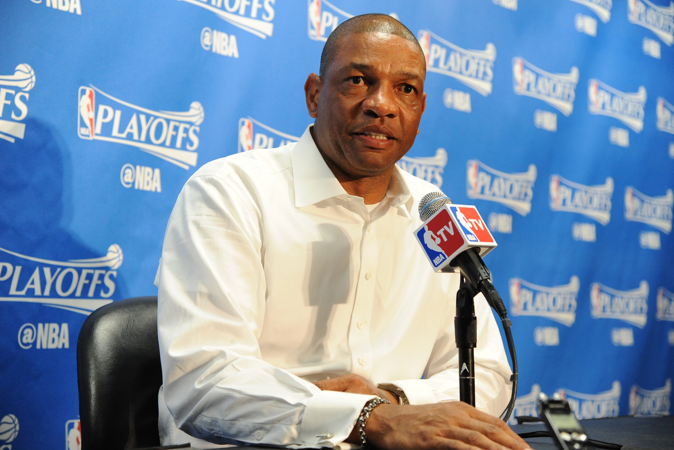 LOS ANGELES, CA - APRIL 27: Doc Rivers of the Los Angeles Clippers is seen before the game against the Portland Trail Blazers  in Game Five of the Western Conference Quarterfinals on April 27, 2016 at STAPLES Center in Los Angeles, California. NOTE TO USE