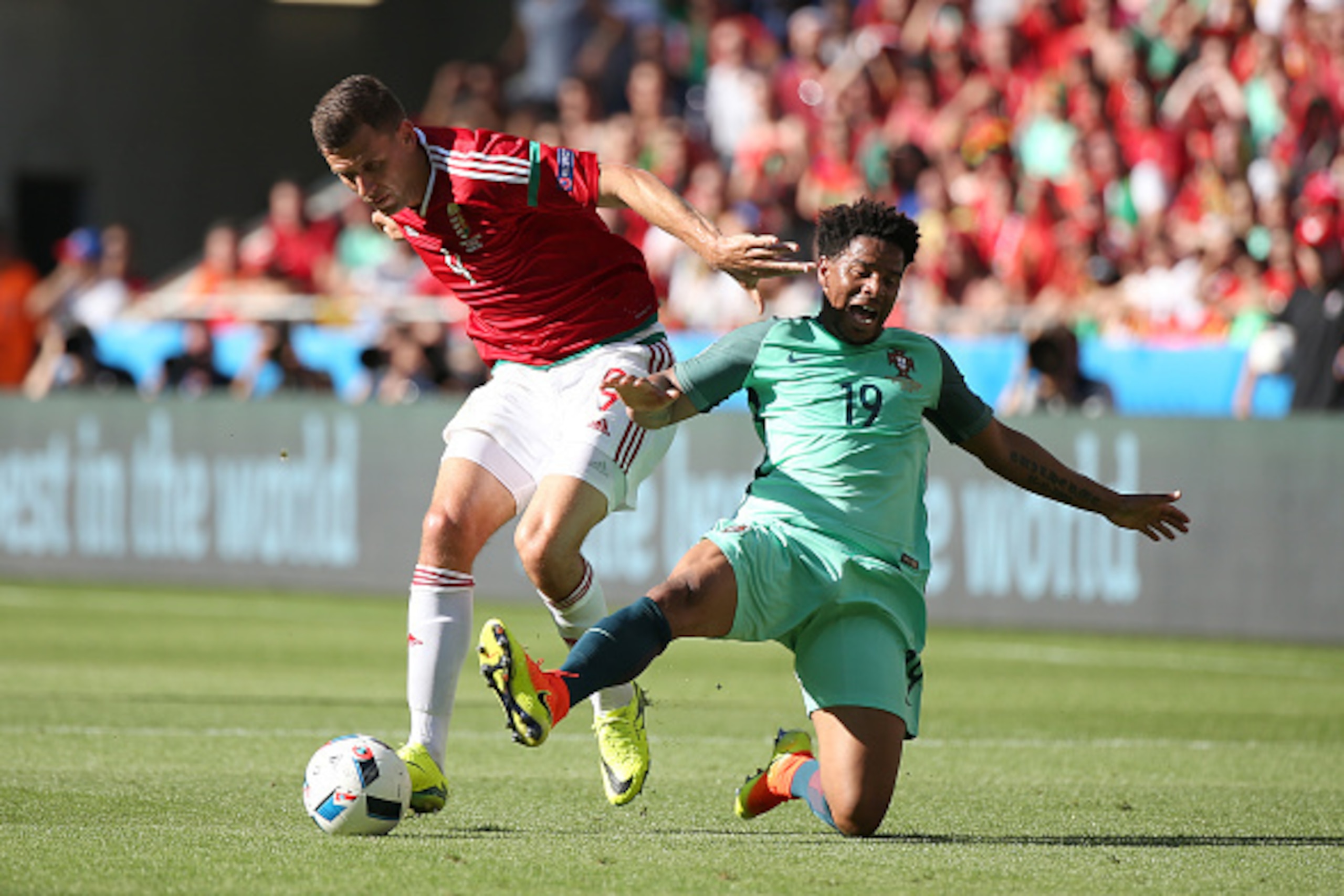 LYON, FRANCE - JUNE 22: Adam Szalai of Hungary and Eliseu Pereira dos Santos of Portugal in action during the UEFA EURO 2016 Group F match between Hungary and Portugal at Stade des Lumieres on June 22, 2016 in Lyon, France. (Photo by Jean Catuffe/Getty Im LYON, FRANCE - JUNE 22: Adam Szalai of Hungary and Eliseu Pereira dos Santos of Portugal in action during the UEFA EURO 2016 Group F match between Hungary and Portugal at Stade des Lumieres on June 22, 2016 in Lyon, France. (Photo by Jean Catuffe/Getty Im