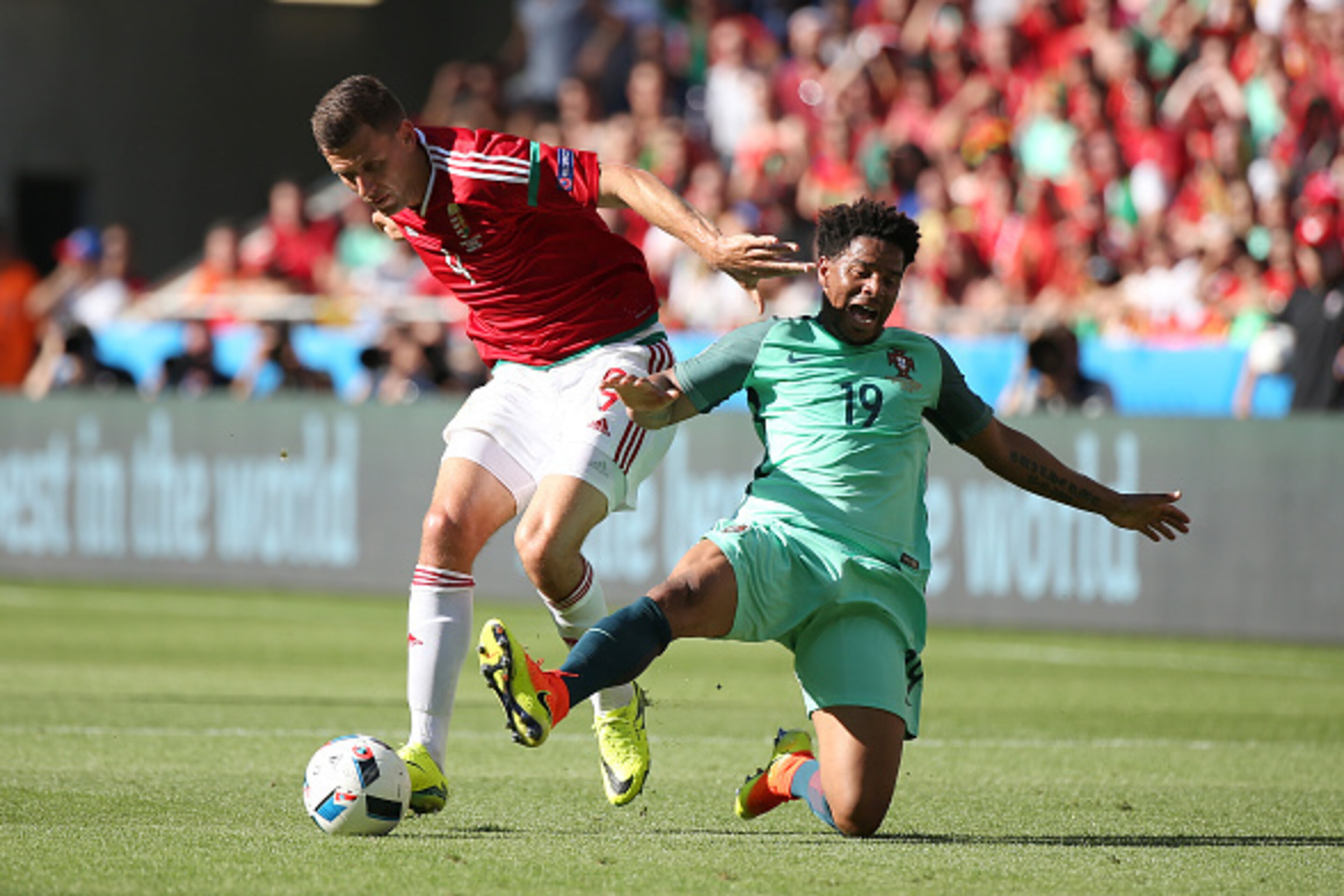 LYON, FRANCE - JUNE 22: Adam Szalai of Hungary and Eliseu Pereira dos Santos of Portugal in action during the UEFA EURO 2016 Group F match between Hungary and Portugal at Stade des Lumieres on June 22, 2016 in Lyon, France. (Photo by Jean Catuffe/Getty Im