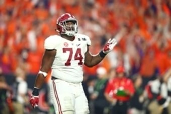 Jan 11, 2016; Glendale, AZ, USA; Alabama Crimson Tide offensive lineman Cam Robinson (74) reacts against the Clemson Tigers in the 2016 CFP National Championship at University of Phoenix Stadium. Mandatory Credit: Mark J. Rebilas-USA TODAY Sports