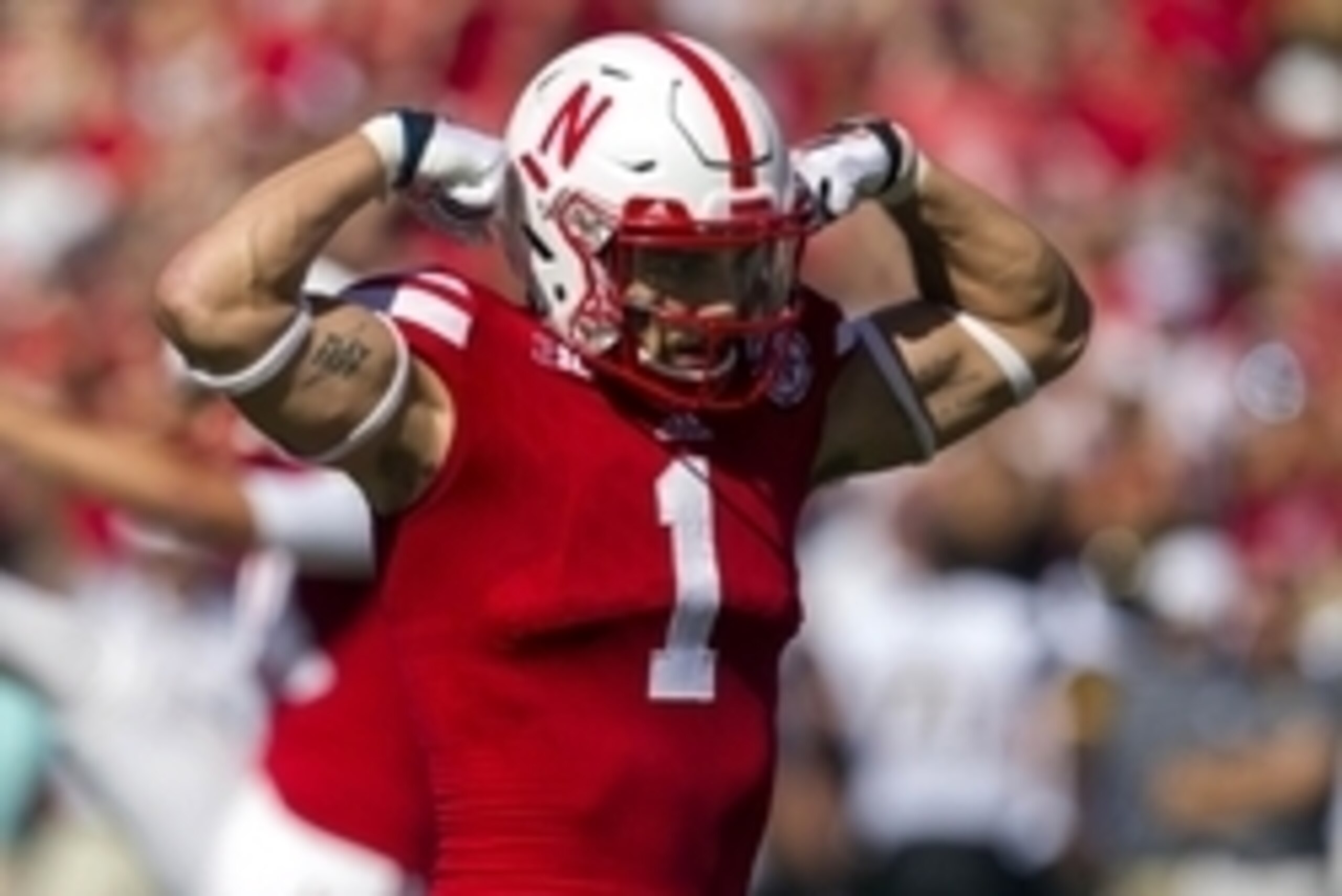 Sep 26, 2015; Lincoln, NE, USA; Nebraska Cornhuskers wide receiver Jordan Westerkamp (1) gestures after scoring a touchdown against the Southern Mississippi Golden Eagles in the first half at Memorial Stadium. Mandatory Credit: Bruce Thorson-USA TODAY Spo