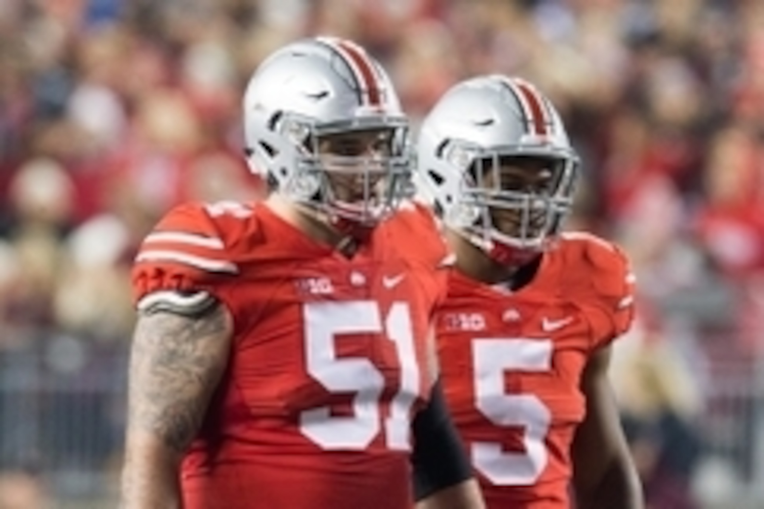 Nov 7, 2015; Columbus, OH, USA; Ohio State Buckeyes defensive lineman Joel Hale (51) and linebacker Raekwon McMillan (5)  waits for the Minnesota Golden Gophersto break the huddle at Ohio Stadium. Ohio State won the game 28-14. Mandatory Credit: Greg Bart