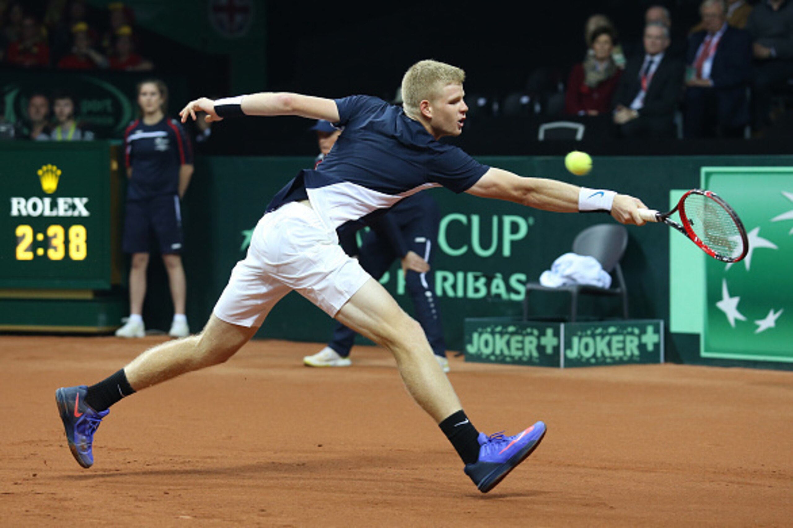 GHENT, BELGIUM - NOVEMBER 27: Kyle Edmund of Great Britain in action against David Goffin of Belgium on day one of the Davis Cup Final 2015 between Belgium and Great Britain at Flanders Expo on November 27, 2015 in Ghent, Belgium. (Photo by Jean Catuffe/G