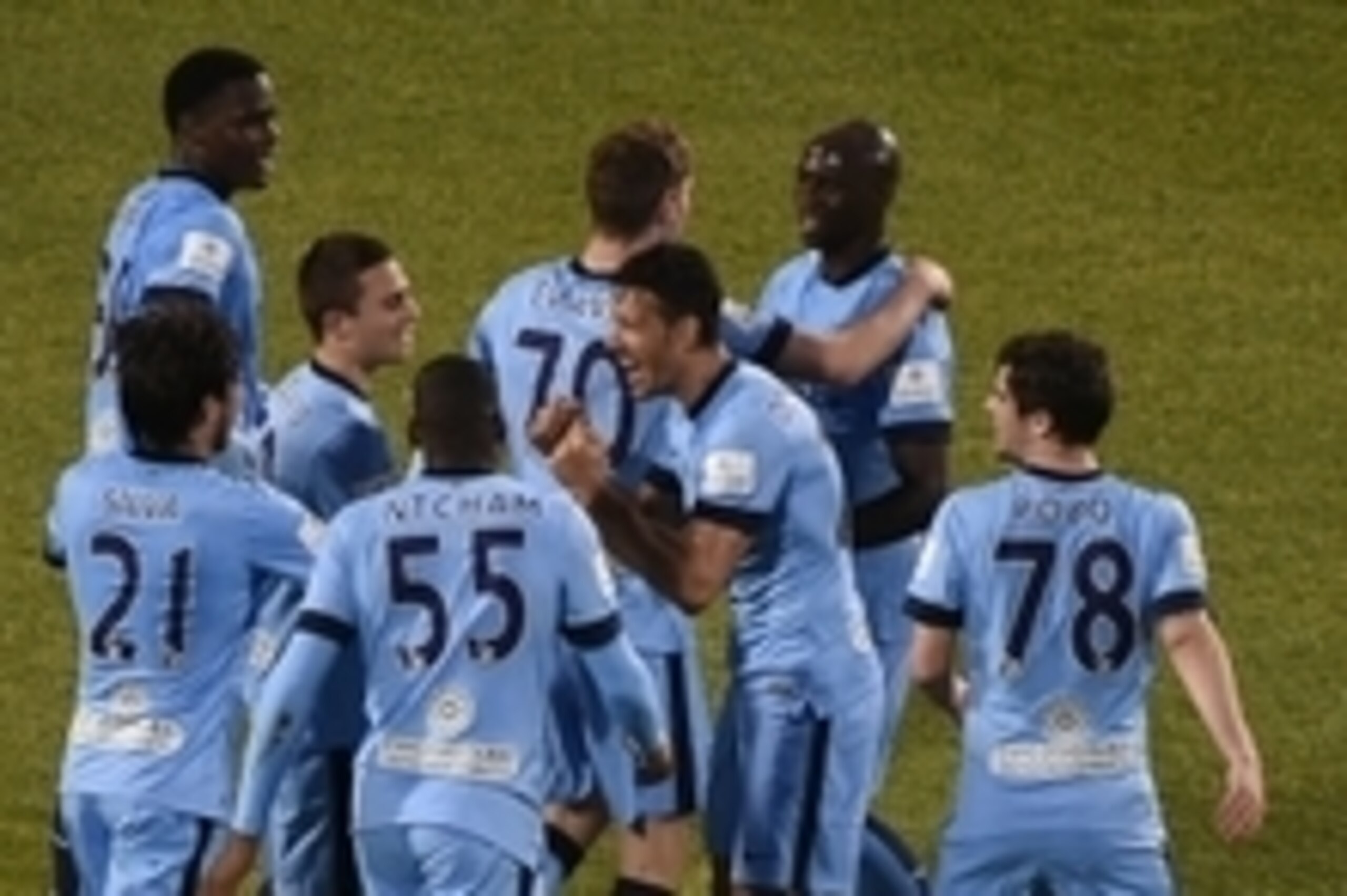 May 27, 2015; Toronto, Ontario, Canada; Manchester City players surround midfielder George Evans as they celebrate his second half goal in a 1-0 win over Toronto FC in an international club friendly at BMO Field. Mandatory Credit: Dan Hamilton-USA TODAY S