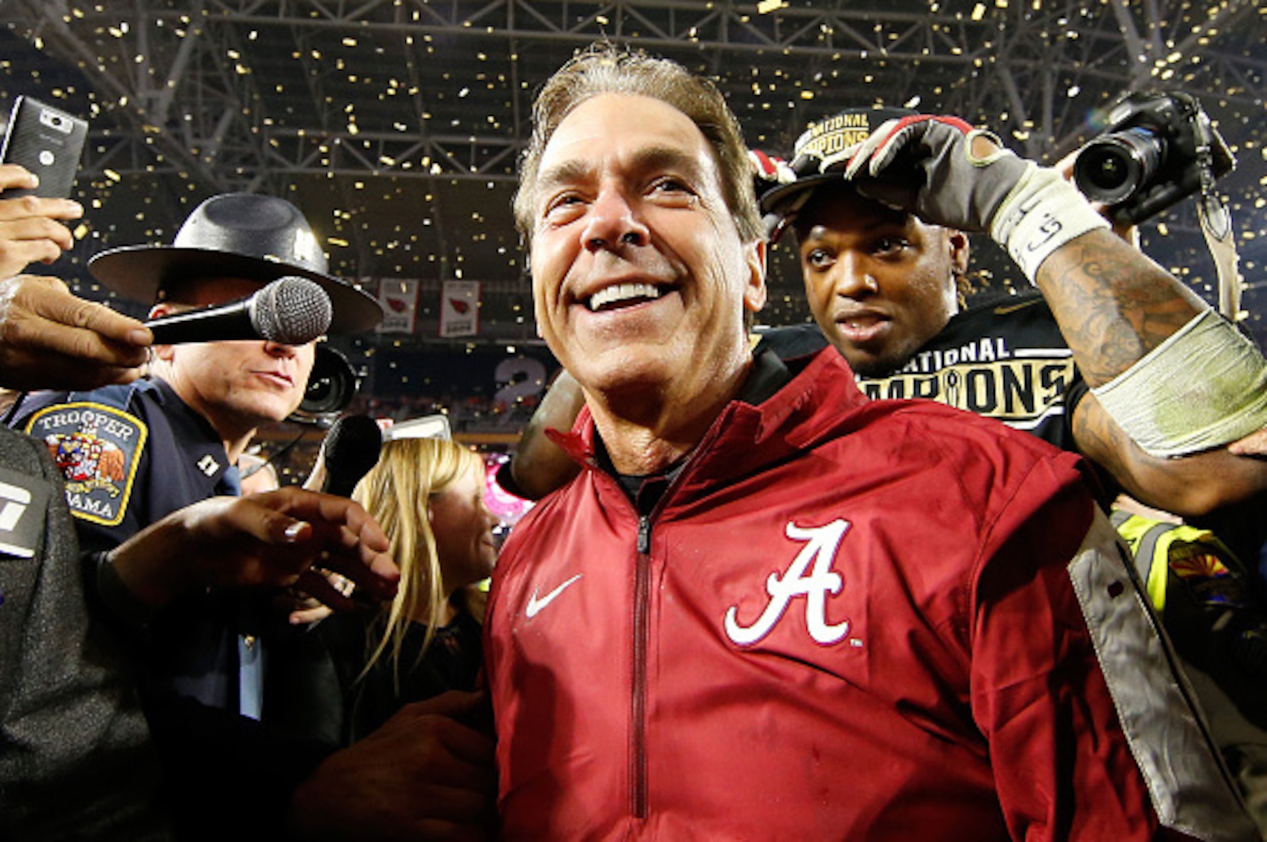 GLENDALE, AZ - JANUARY 11:  Head coach Nick Saban of the Alabama Crimson Tide celebrates after defeating the Clemson Tigers in the 2016 College Football Playoff National Championship Game at University of Phoenix Stadium on January 11, 2016 in Glendale, A