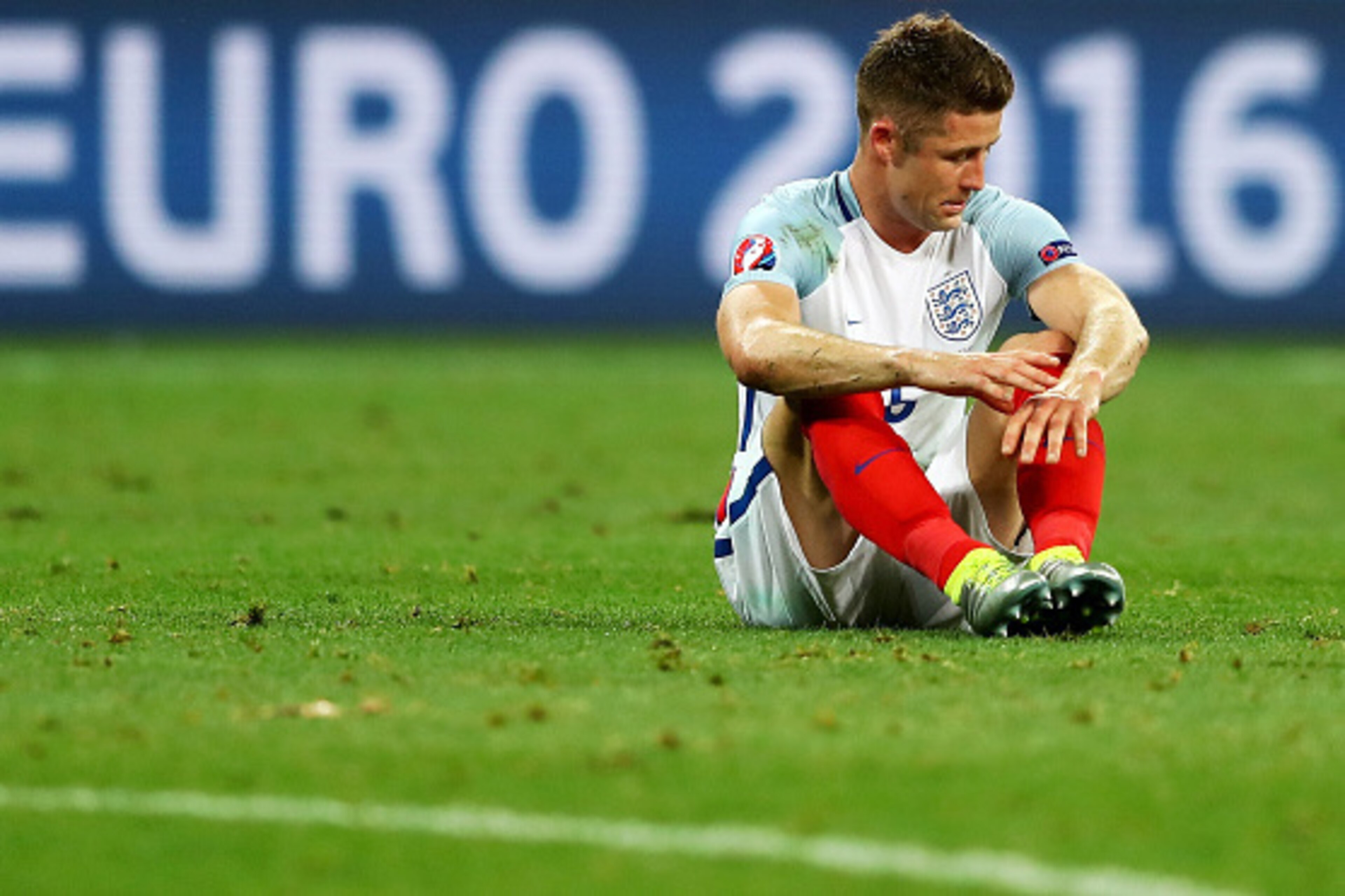 NICE, FRANCE - JUNE 27:  Gary Cahill of England shows his dejection after his team's 1-2 defeat in the UEFA EURO 2016 round of 16 match between England and Iceland at Allianz Riviera Stadium on June 27, 2016 in Nice, France.  (Photo by Lars Baron/Getty Im