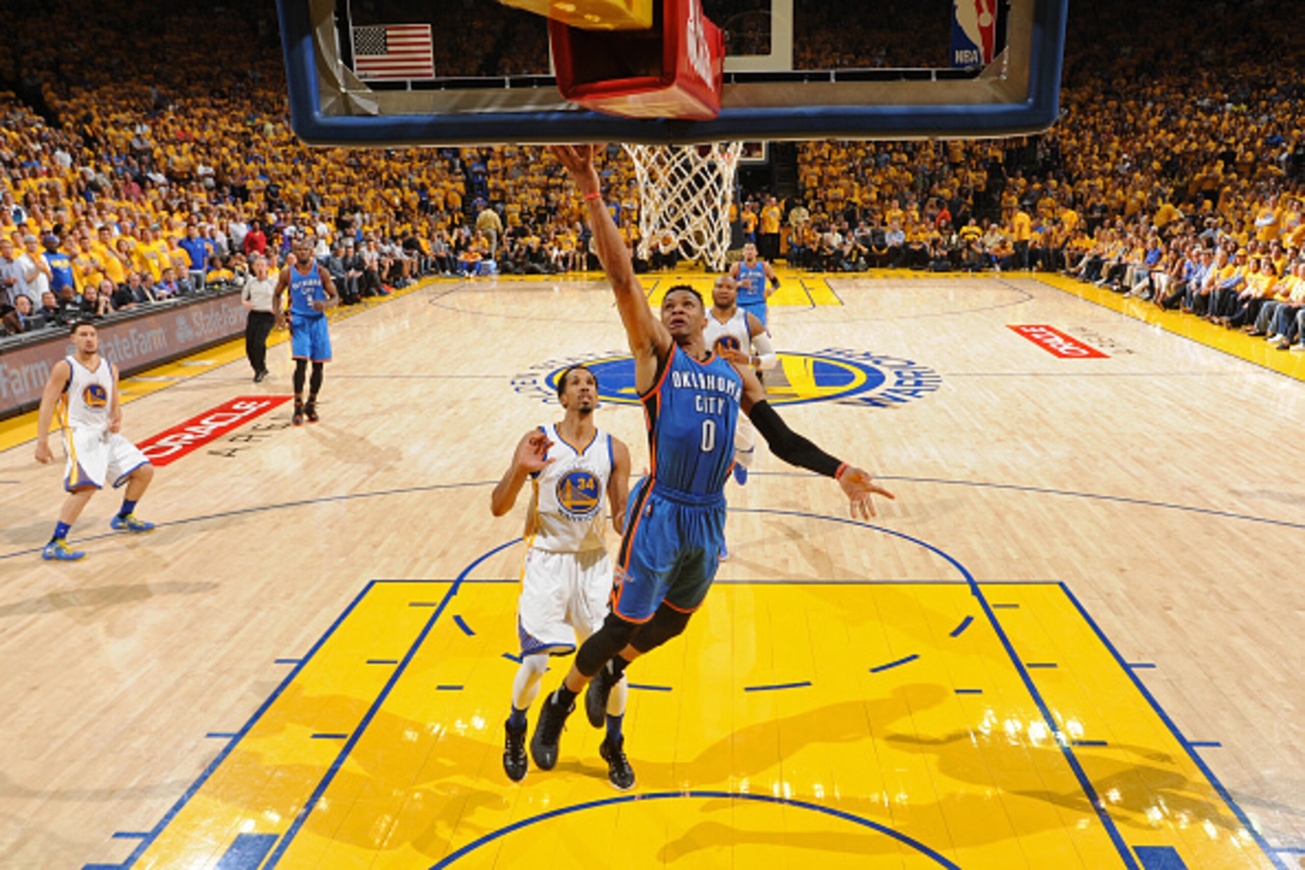 OAKLAND, CA - MAY 30:  Russell Westbrook #0 of the Oklahoma City Thunder drives to the basket during Game Seven of the Western Conference Finals against the Golden State Warriors during the 2016 NBA Playoffs on May 30, 2016 at ORACLE Arena in Oakland, Cal