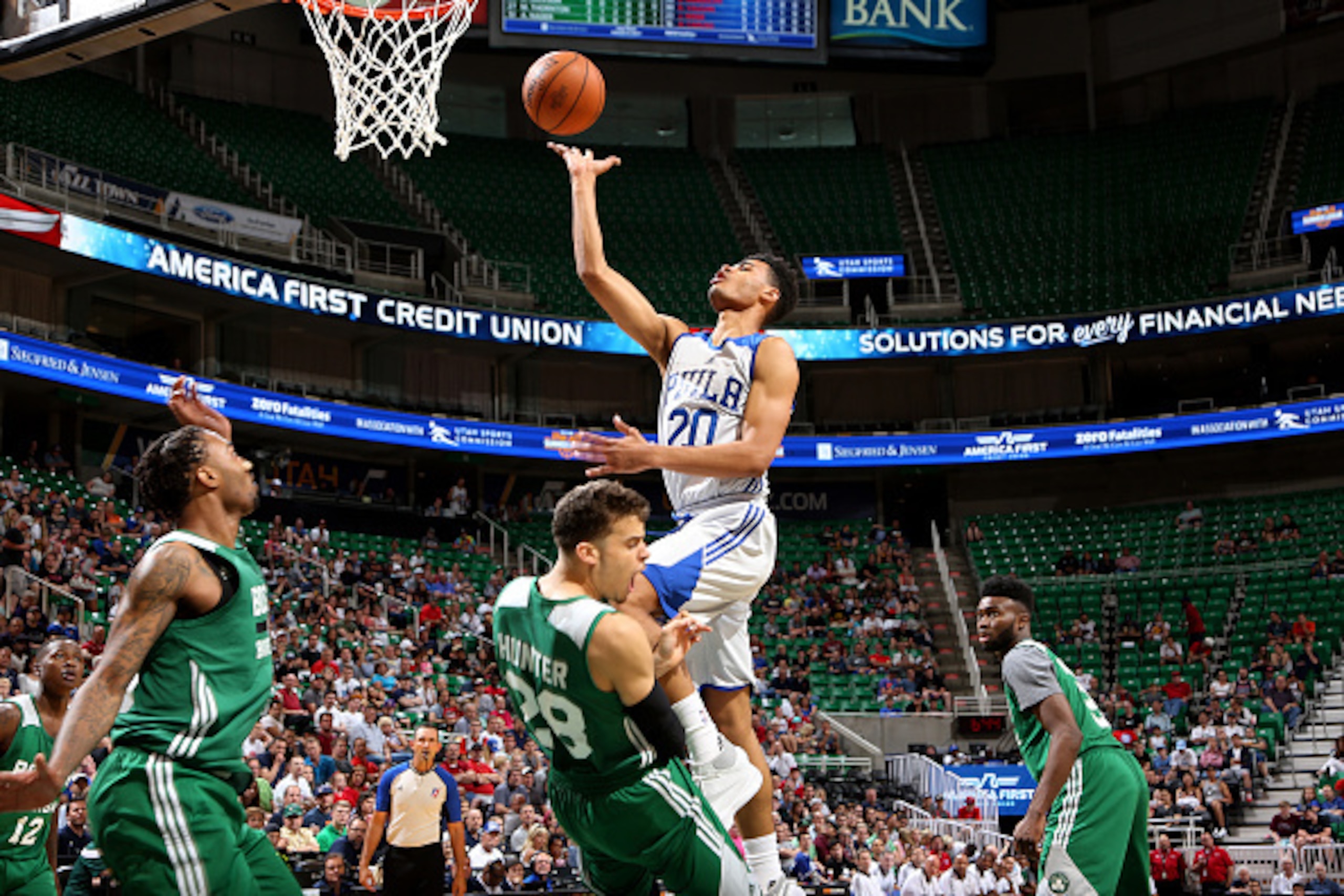 SALT LAKE CITY, UT - JULY 4: Timothe Luwawu-Cabarrot #20 of Philadelphia 76ers shoots a layup during the game against the Boston Celtics during the 2016 NBA Utah Summer League on July 4, 2016 at Vivint Smart Home Arena in Salt Lake City, Utah. NOTE TO USE SALT LAKE CITY, UT - JULY 4: Timothe Luwawu-Cabarrot #20 of Philadelphia 76ers shoots a layup during the game against the Boston Celtics during the 2016 NBA Utah Summer League on July 4, 2016 at Vivint Smart Home Arena in Salt Lake City, Utah. NOTE TO USE