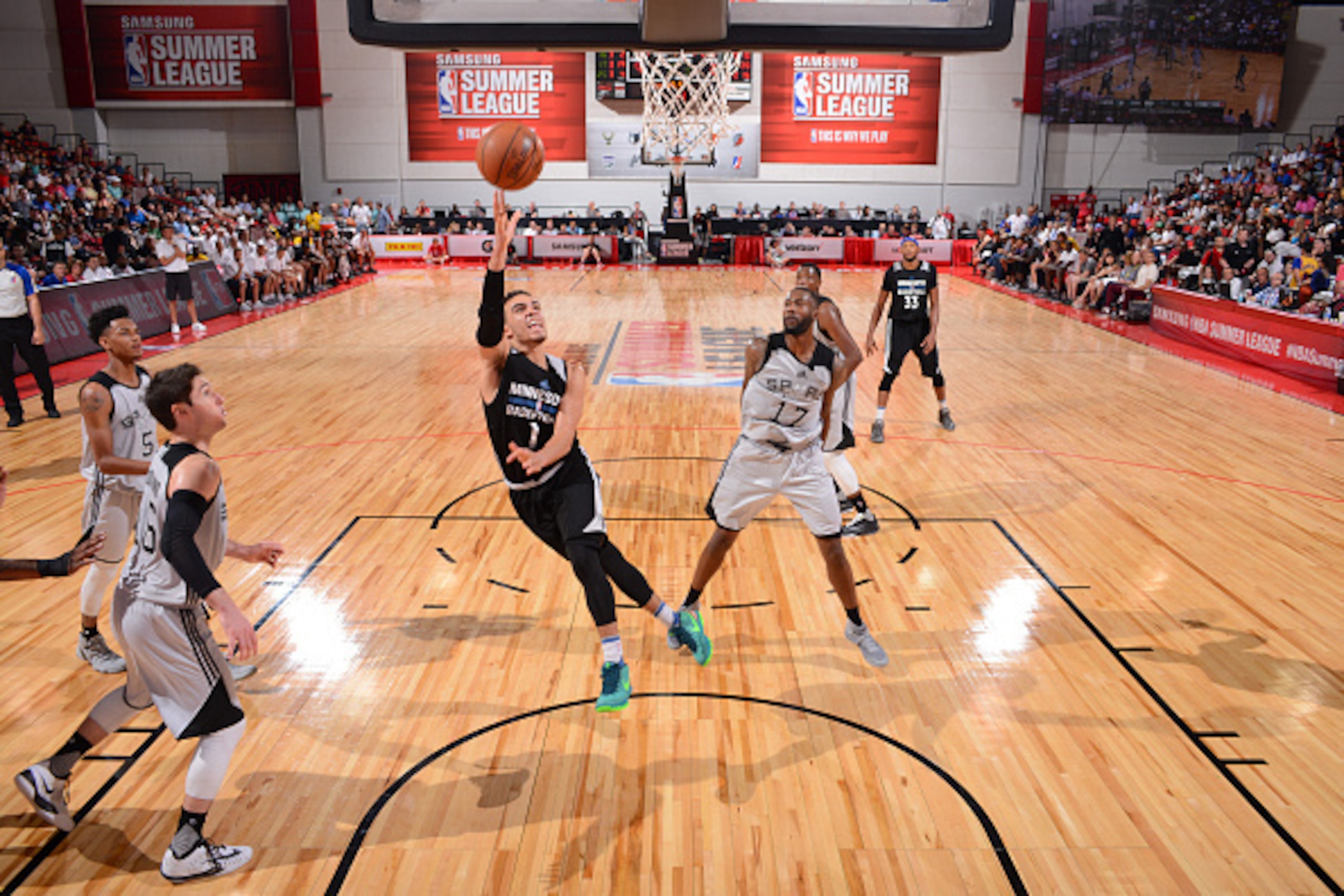 LAS VEGAS, NV - JULY 13:  Tyus Jones #1 of the Minnesota Timberwolves shoots the ball against the San Antonio Spurs during the 2016 NBA Las Vegas Summer League game on July 13, 2016 at the Cox Pavillion in Las Vegas, Nevada. NOTE TO USER: User expressly a