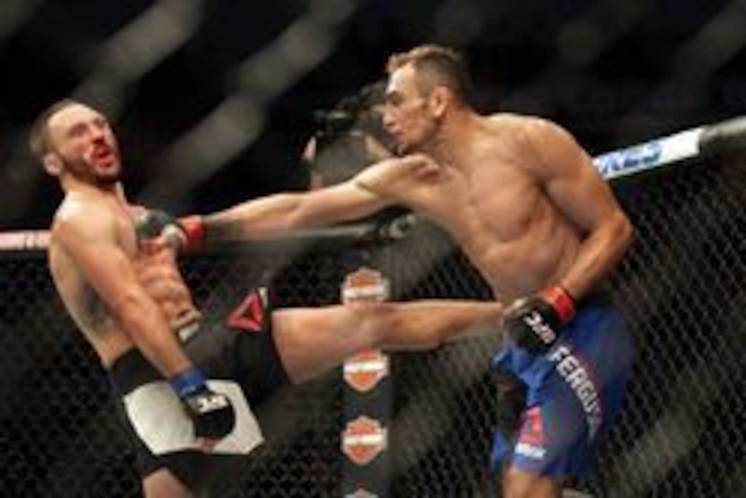 Jul 13, 2016; Sioux Falls, SD, USA; Tony Ferguson (red gloves) fights against Lando Vannata (blue gloves) during UFC Fight Night at Denny Sanford Premier Center. Mandatory Credit: Brad Rempel-USA TODAY Sports Jul 13, 2016; Sioux Falls, SD, USA; Tony Ferguson (red gloves) fights against Lando Vannata (blue gloves) during UFC Fight Night at Denny Sanford Premier Center. Mandatory Credit: Brad Rempel-USA TODAY Sports