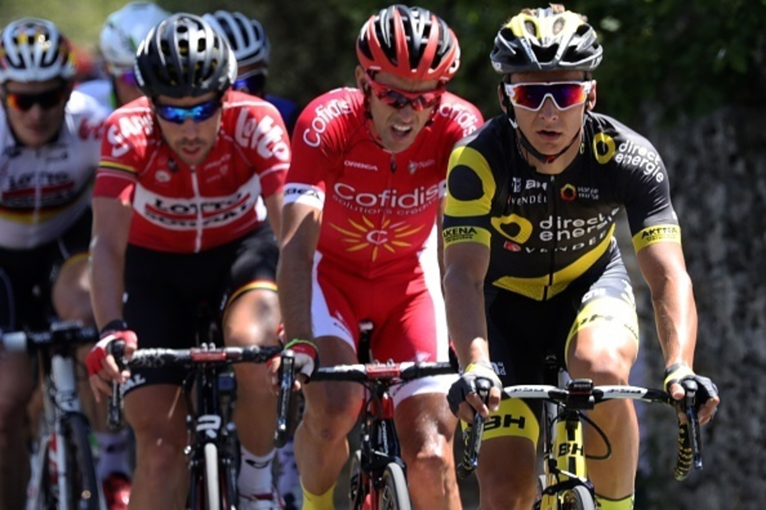 (From R) France's Bryan Coquard, France's Cyril Lemoine, Belgium's Thomas De Gendt and Germany's Andre Greipel ride in a breakaway during the 178 km twelvelth stage of the 103rd edition of the Tour de France cycling race on July 14, 2016 between Montpelli