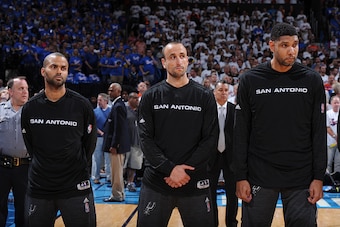SSAN ANTONIO, TX - MAY 6: Tony Parker #9, Manu Ginobili #20, Tim Duncan #21 of the San Antonio Spurs are seen before the game against the Oklahoma City Thunder in Game Three of the Western Conference Semifinals of the 2016 NBA Playoffs on May 6, 2016 at t