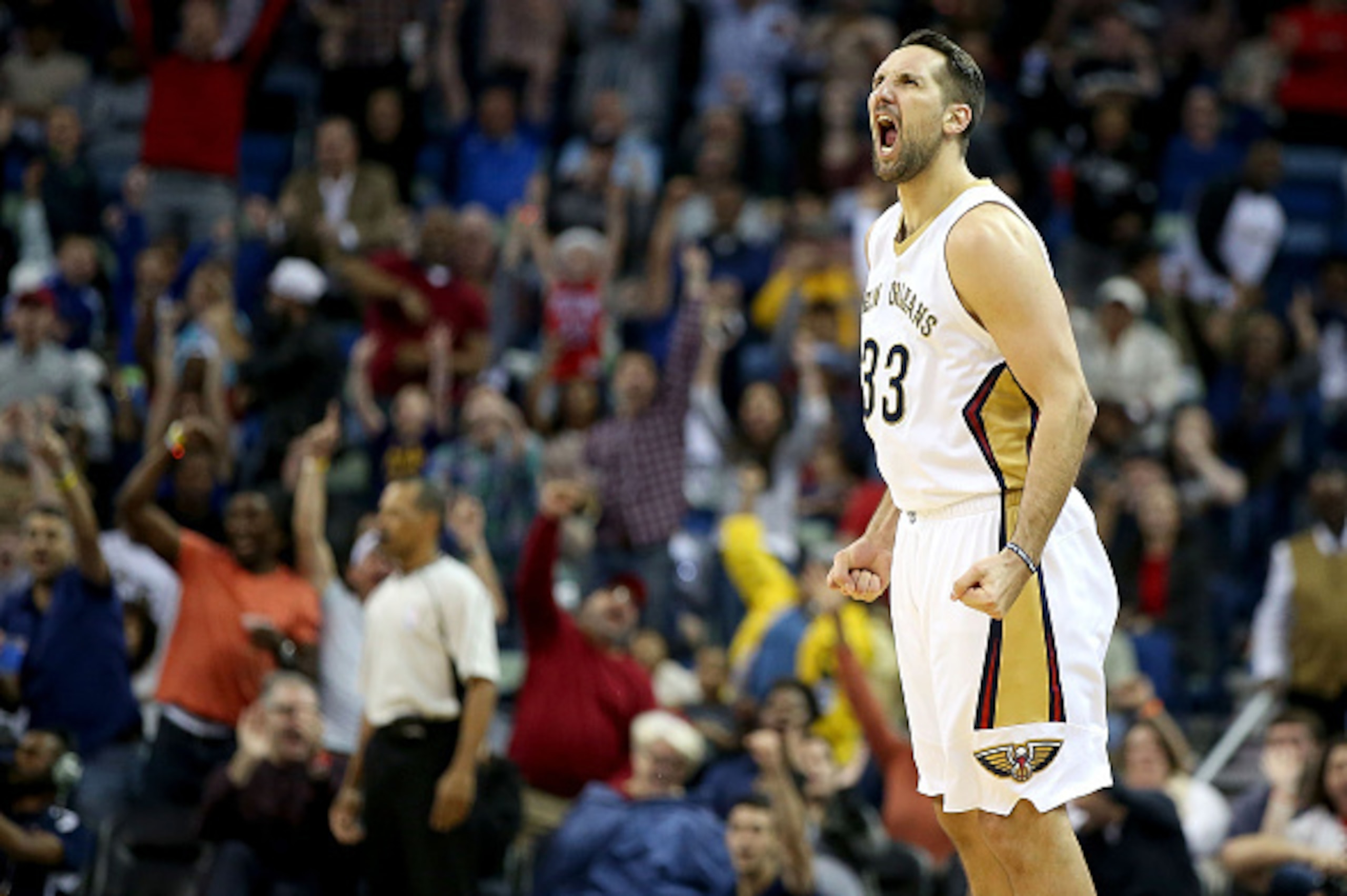 NEW ORLEANS, LA - MARCH 18:  Ryan Anderson #33 of the New Orleans Pelicans reacts after scoring a three pointer against the Portland Trail Blazers during the second half at the Smoothie King Center on March 18, 2016 in New Orleans, Louisiana. NOTE TO USER