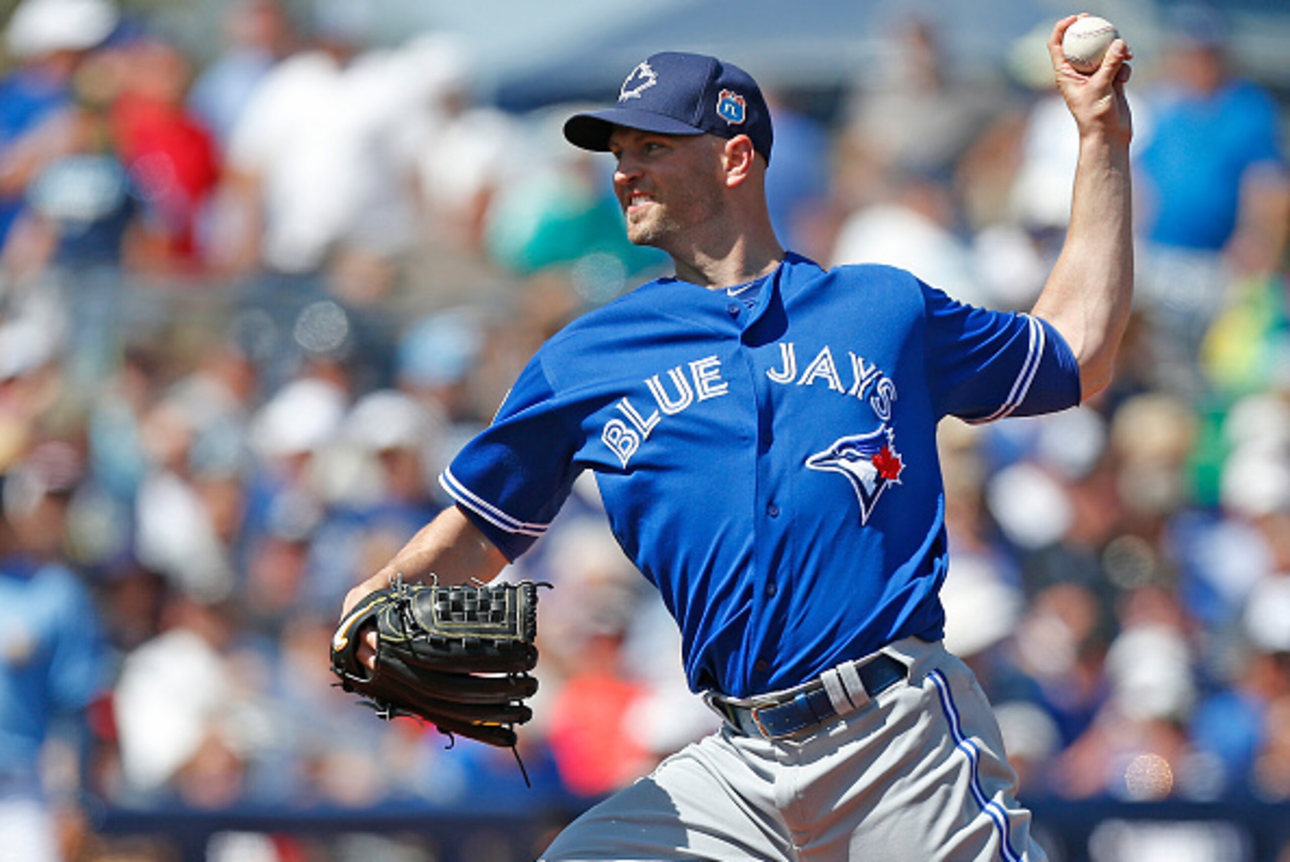 PORT CHARLOTTE, FL - MARCH 9:  J.A. Happ #33 of the Toronto Blue Jays pitches during the third inning of an MLB spring training game against the Tampa Bay Rays on March 9, 2016 at Charlotte Sports Park in Port Charlotte, Florida.  (Photo by Brian Blanco/G