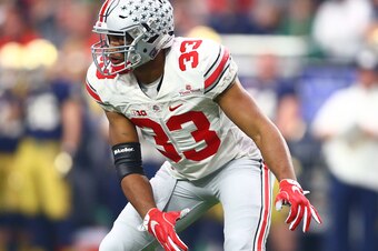 Jan 1, 2016; Glendale, AZ, USA; Ohio State Buckeyes linebacker Dante Booker (33) against the Notre Dame Fighting Irish during the 2016 Fiesta Bowl at University of Phoenix Stadium. Mandatory Credit: Mark J. Rebilas-USA TODAY Sports
