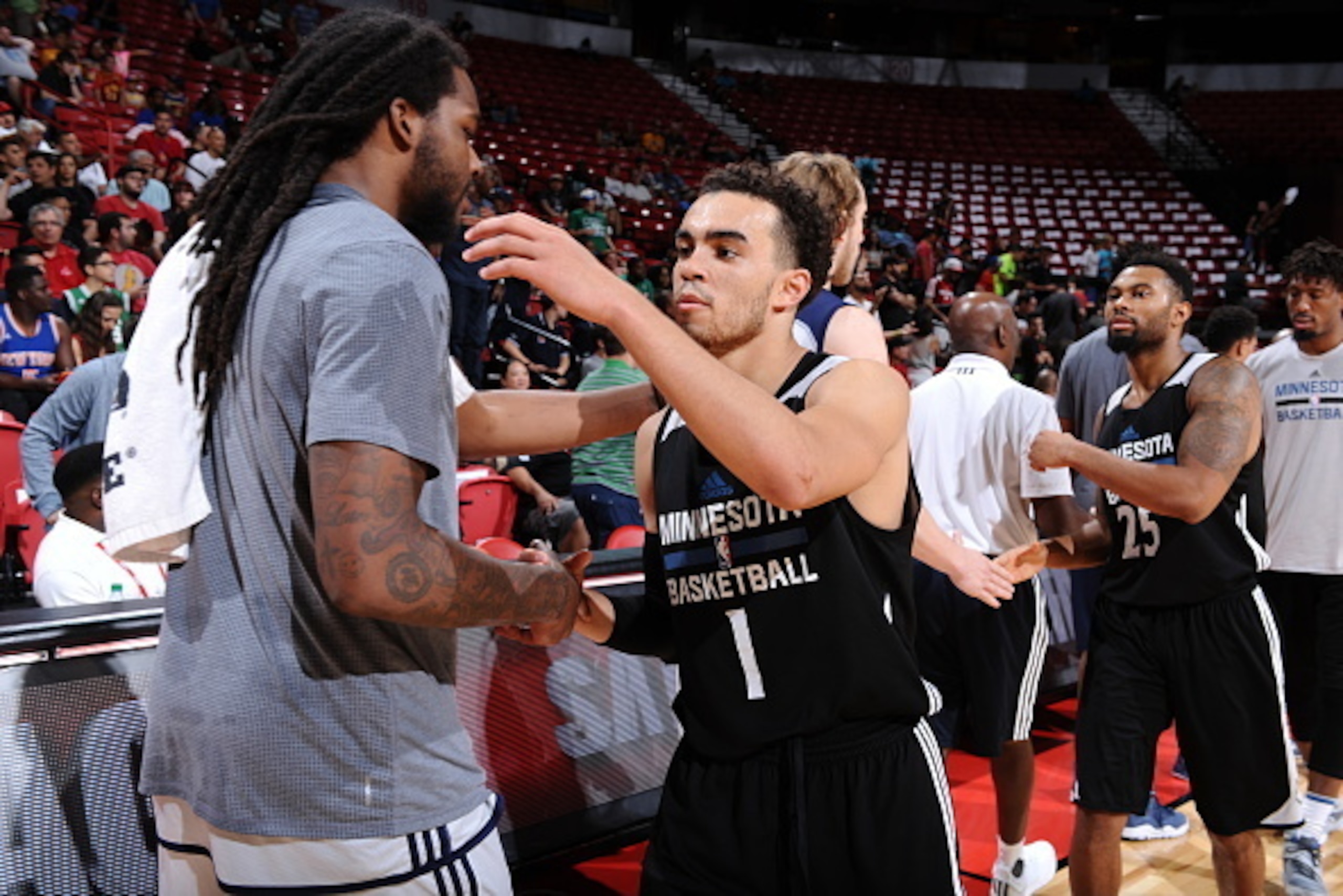 LAS VEGAS, NV - JULY 14:  Tyus Jones #1 of the Minnesota Timberwolves shakes hands with the Memphis Grizzlies after the game during the 2016 NBA Las Vegas Summer League game on July 14, 2016 at Thomas & Mack Center in Las Vegas, Nevada. NOTE TO USER: User