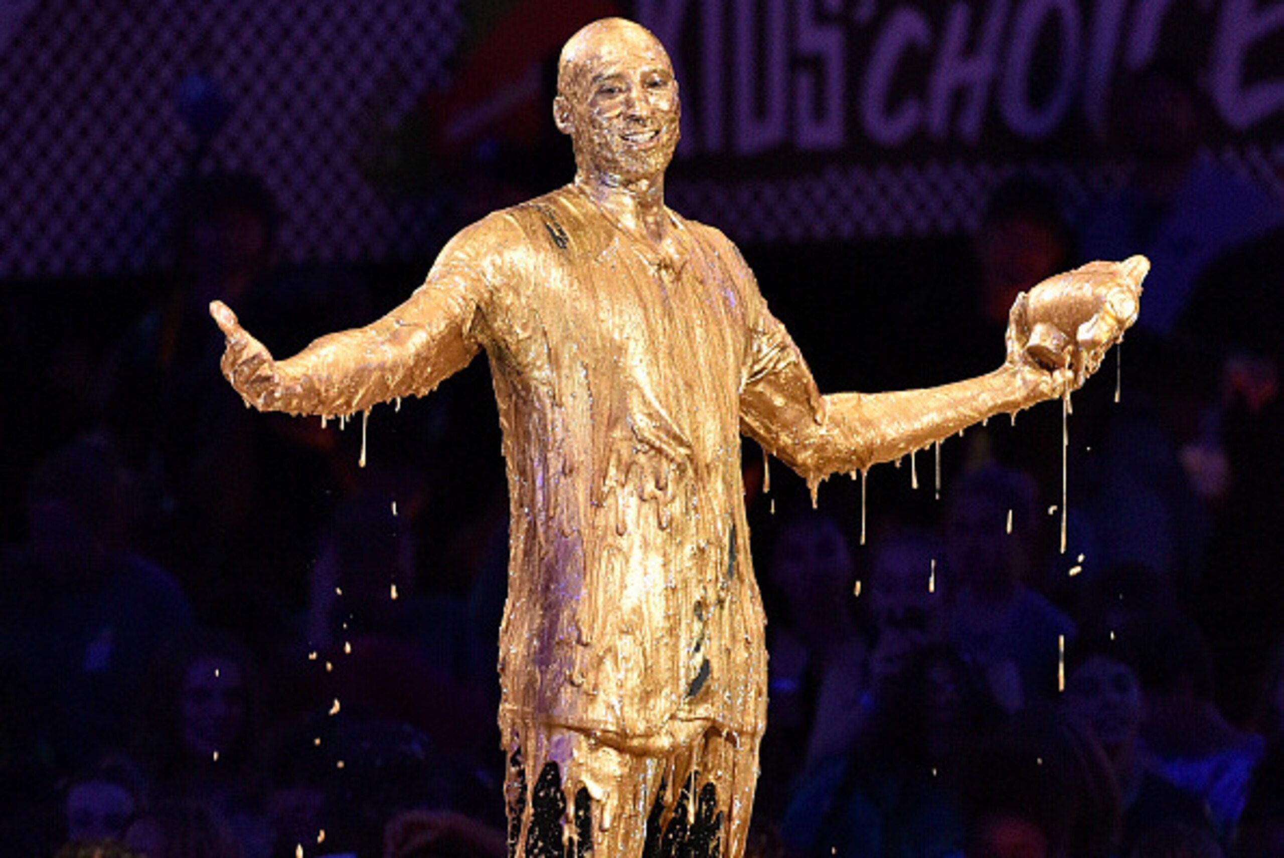 WESTWOOD, CA - JULY 14:  Honoree Kobe Bryant accepts the Legend Award and gets slimed onstage during the Nickelodeon Kids' Choice Sports Awards 2016 at UCLA's Pauley Pavilion on July 14, 2016 in Westwood, California.  The Nickelodeon Kids' Choice Sports A