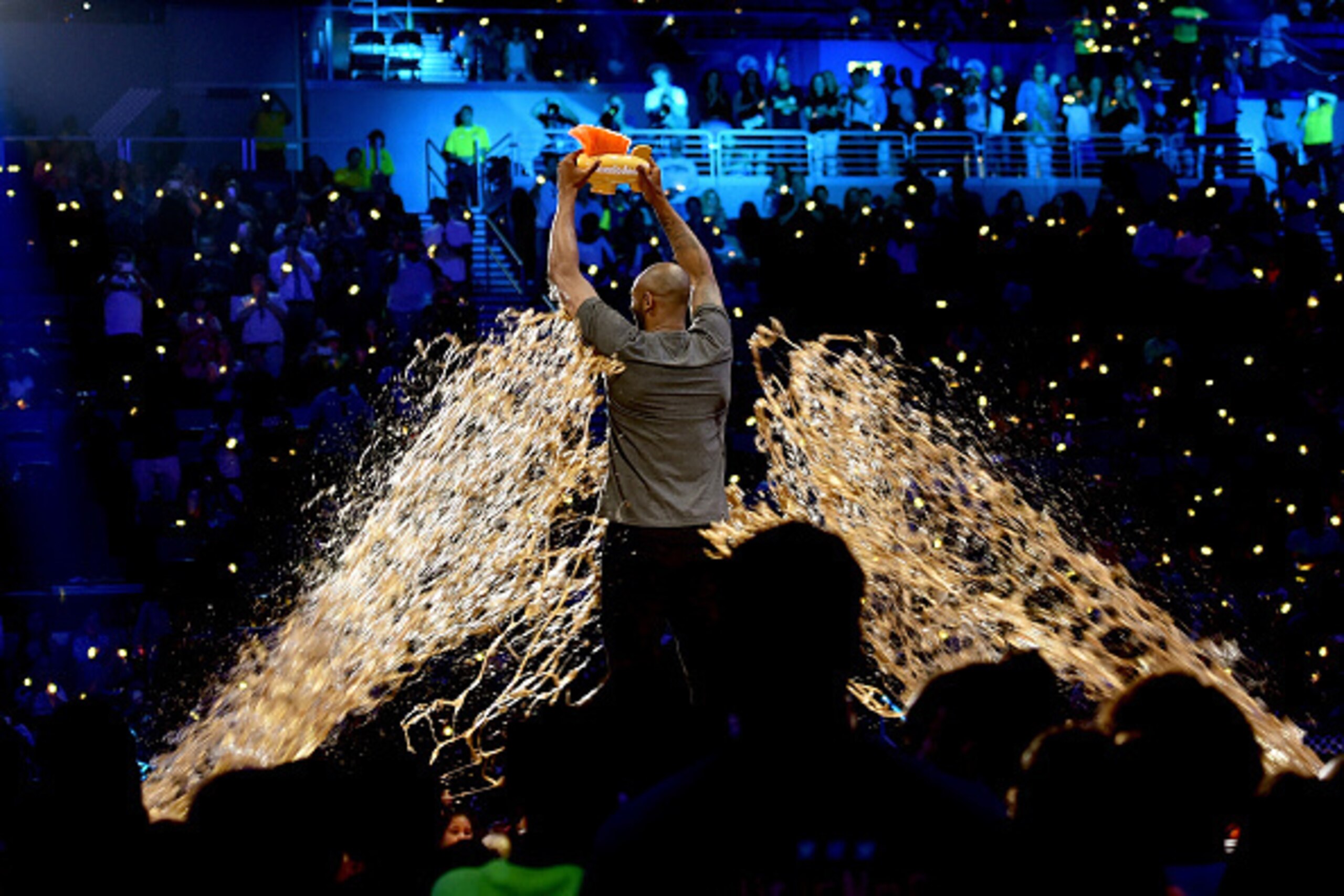 WESTWOOD, CA - JULY 14:  Honoree Kobe Bryant is slimed while accepting the Legend award onstage during the Nickelodeon Kids' Choice Sports Awards 2016 at UCLA's Pauley Pavilion on July 14, 2016 in Westwood, California. The Nickelodeon Kids' Choice Sports 