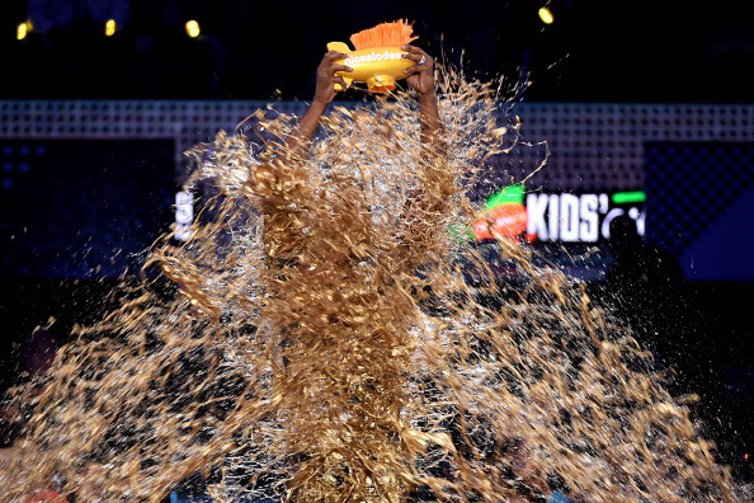 WESTWOOD, CA - JULY 14:  Honoree Kobe Bryant is slimed while accepting the Legend award onstage during the Nickelodeon Kids' Choice Sports Awards 2016 at UCLA's Pauley Pavilion on July 14, 2016 in Westwood, California. The Nickelodeon Kids' Choice Sports 