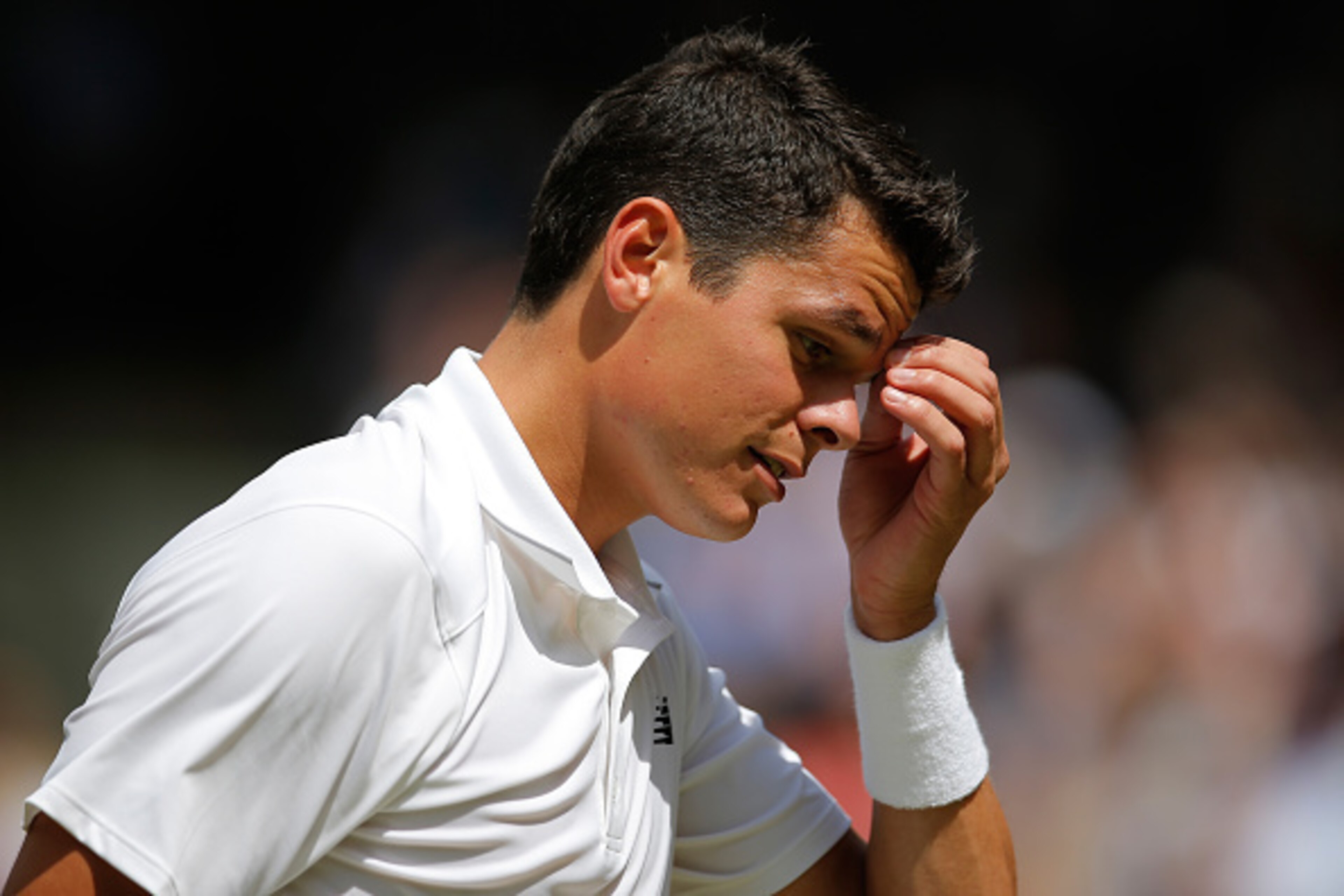 LONDON, ENGLAND - JULY 10: Milos Raonic of Canada looks on during the Men's Singles Final against Andy Murray of Great Britain on day thirteen of the Wimbledon Lawn Tennis Championships at the All England Lawn Tennis and Croquet Club on July 10, 2016 in LONDON, ENGLAND - JULY 10: Milos Raonic of Canada looks on during the Men's Singles Final against Andy Murray of Great Britain on day thirteen of the Wimbledon Lawn Tennis Championships at the All England Lawn Tennis and Croquet Club on July 10, 2016 in