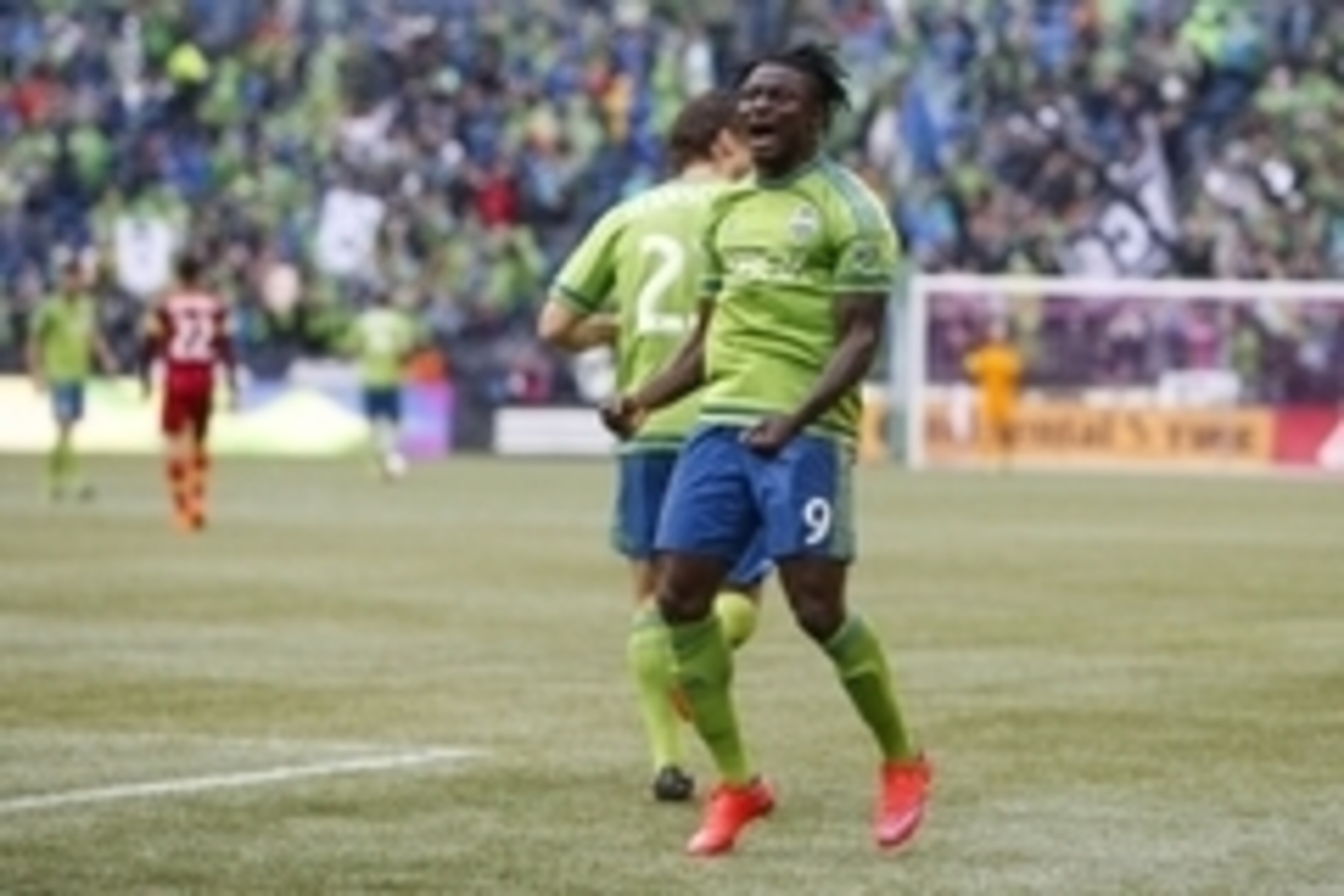 Oct 25, 2015; Seattle, WA, USA; Seattle Sounders FC forward Obafemi Martins (9) reacts following a goal against the Real Salt Lake during the first half at CenturyLink Field. Mandatory Credit: Joe Nicholson-USA TODAY Sports