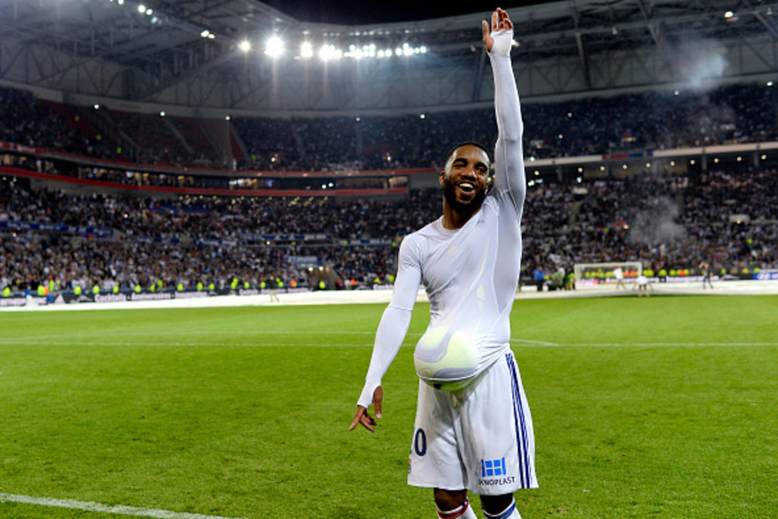 Lyon's French forward Alexandre Lacazette (L) jubilates at the end of the French L1 football match between Olympique Lyonnais (OL) and Association sportive de Monaco (ASM) at the Parc de l'Olympique Lyonnais in Decines-Charpieu, central eastern France, o Lyon's French forward Alexandre Lacazette (L) jubilates at the end of the French L1 football match between Olympique Lyonnais (OL) and Association sportive de Monaco (ASM) at the Parc de l'Olympique Lyonnais in Decines-Charpieu, central eastern France, o
