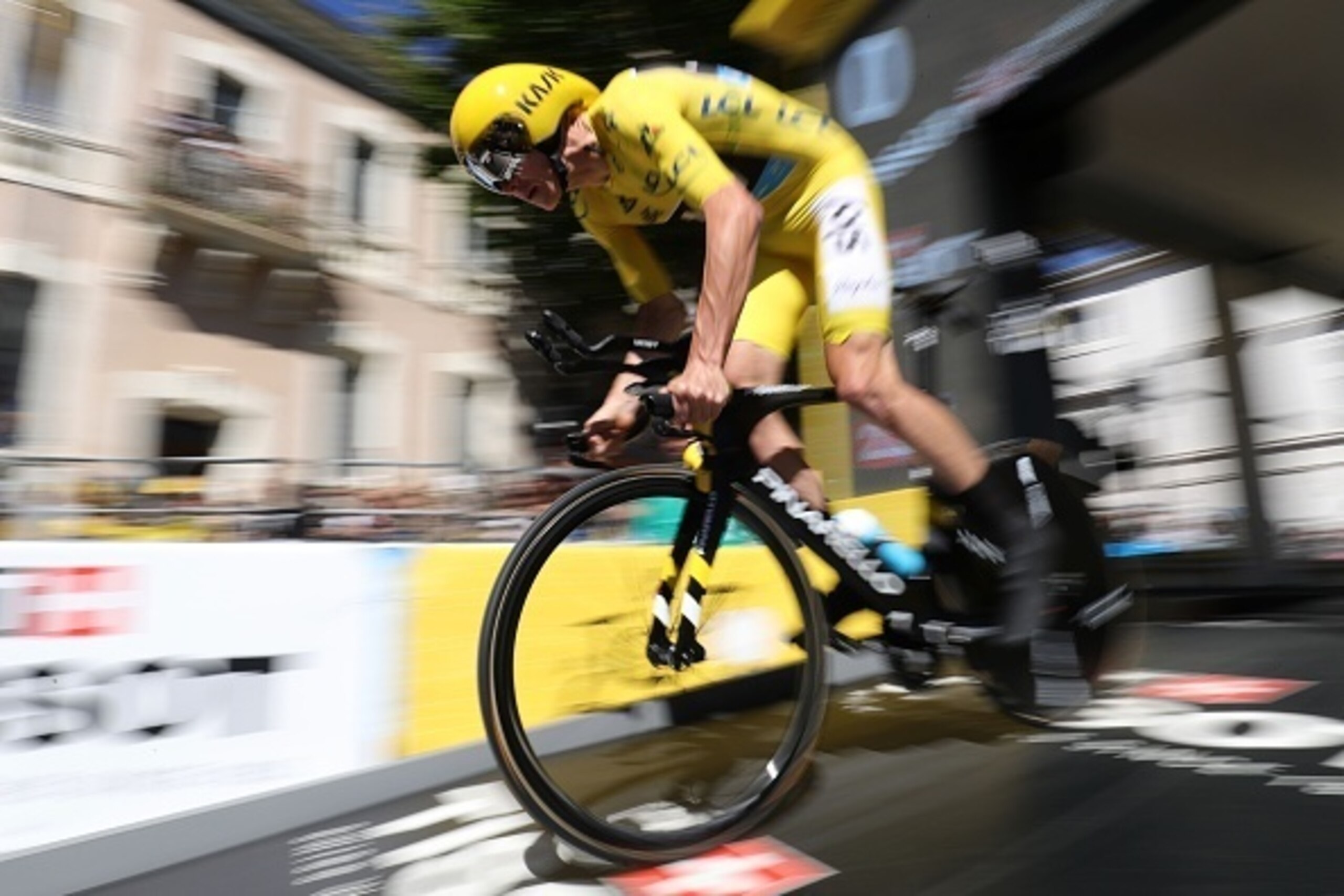 Great Britain's Christopher Froome, wearing the overall leader's yellow jersey, takes the start of the 37,5 km individual time-trial, the thirteenth stage of the 103rd edition of the Tour de France cycling race on July 15, 2016 between Bourg-Saint-Andeol 