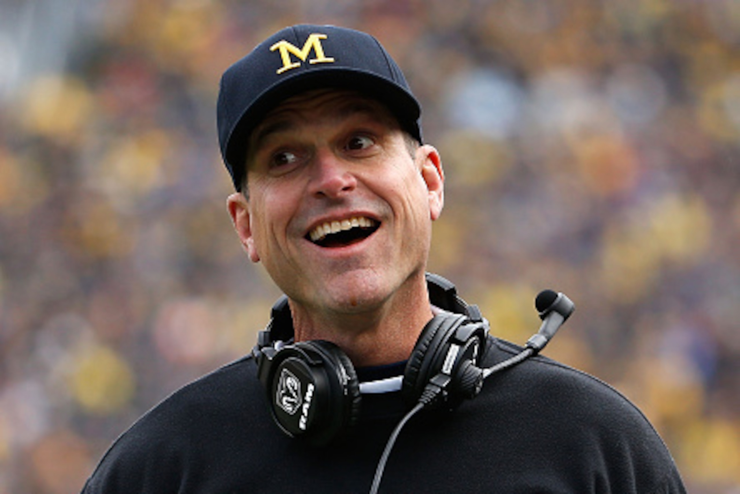 ANN ARBOR, MI - OCTOBER 17:  Head coach Jim Harbaugh of the Michigan Wolverines reacts during the college football game against the Michigan State Spartans at Michigan Stadium on October 17, 2015 in Ann Arbor, Michigan. The Spartans defeated the Wolverine