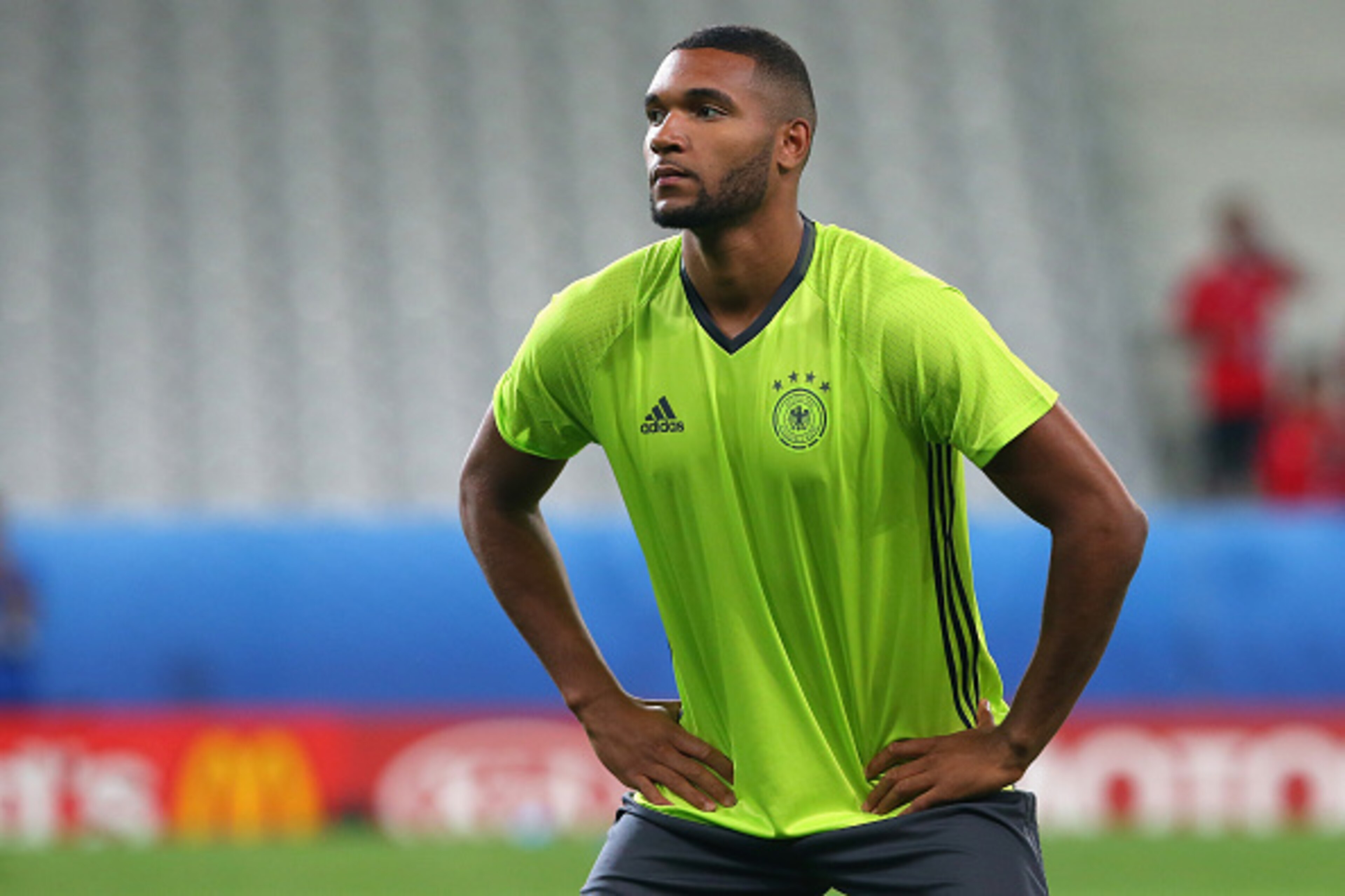 LILLE, FRANCE - JUNE 11:  Jonathan Tah of Germany looks on during a Germany training session at Stade Pierre-Mauray ahead of their opening UEFA EURO 2016 match against Ukraine, on June 12, 2016 in Lille, France.  (Photo by Alexander Hassenstein/Getty Imag
