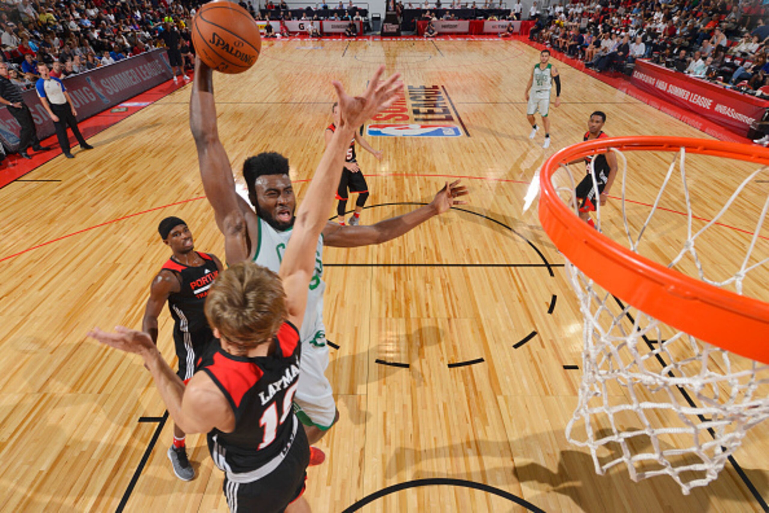 LAS VEGAS, NV - JULY 15:  Jaylen Brown #9 of the Boston Celtics goes up for a dunk against the Portland Trail Blazers during the 2016 NBA Las Vegas Summer League game on July 15, 2016 at the Cox Pavillion in Las Vegas, Nevada. NOTE TO USER: User expressly