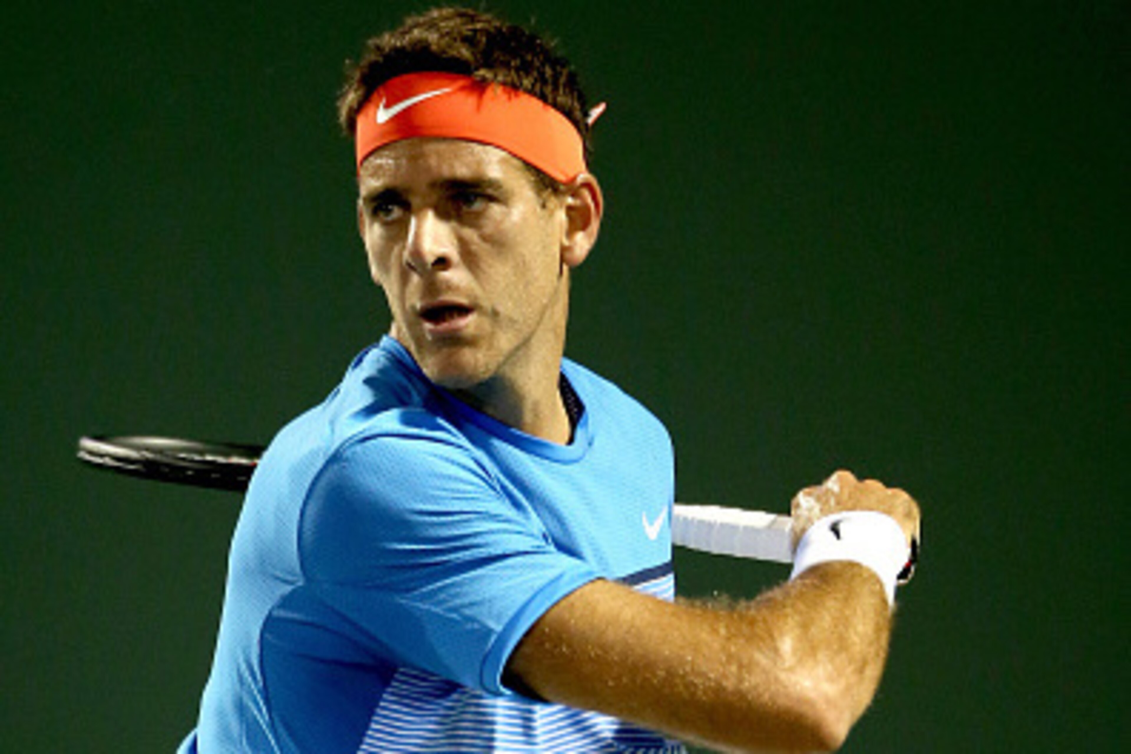 KEY BISCAYNE, FL - MARCH 22:  Juan Martin Del Potro of Argentina returns a shot to Guido Pella of Argentina during the Miami Open presented by Itau at Crandon Park Tennis Center on March 23, 2016 in Key Biscayne, Florida.  (Photo by Matthew Stockman/Getty