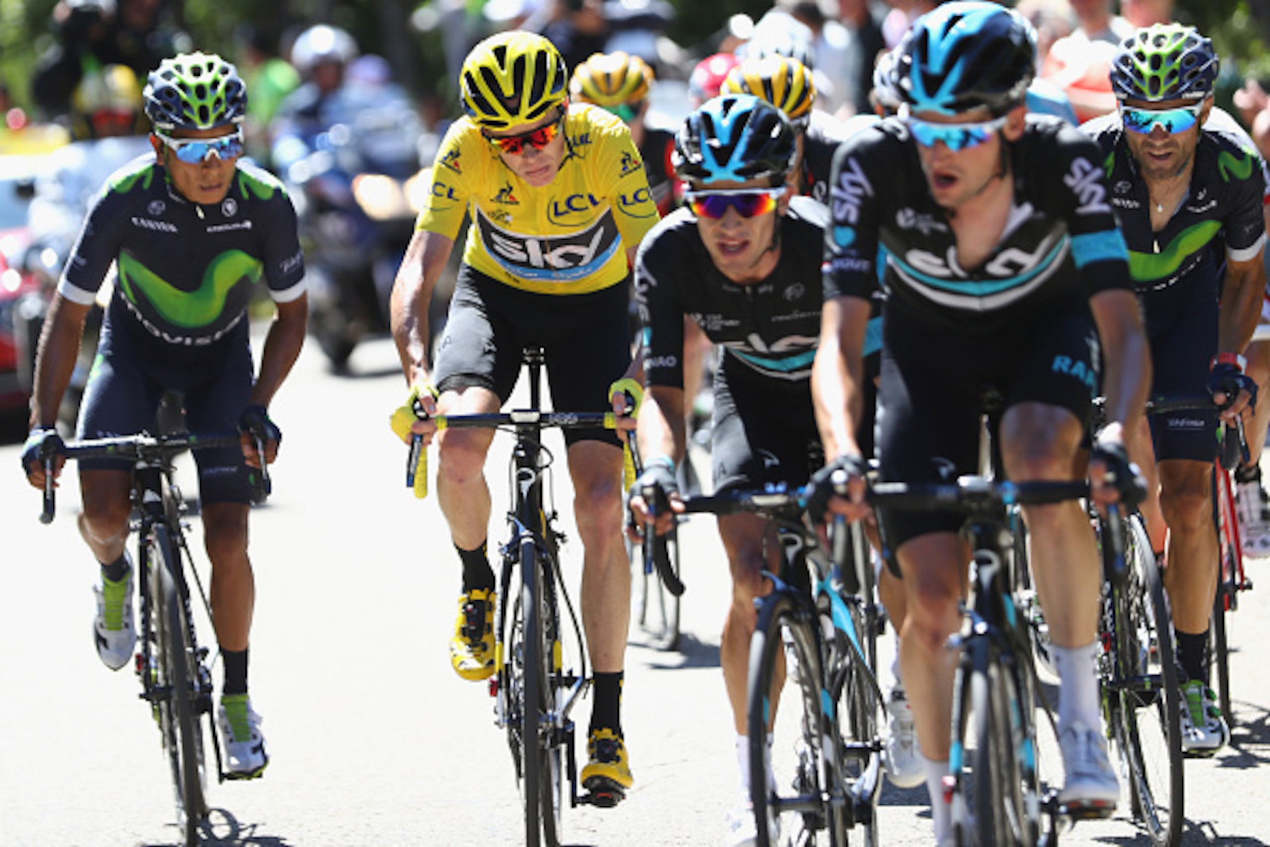 MONTPELLIER, FRANCE - JULY 14:  Chris Froome (2L) of Great Britain alongside Nairo Quintana (L) of Colombia and Movistar on the climb to Mont Ventoux during the 12th stage of Le Tour de France from Montpellier to Mont Ventoux on July 14, 2016 in Montpelli