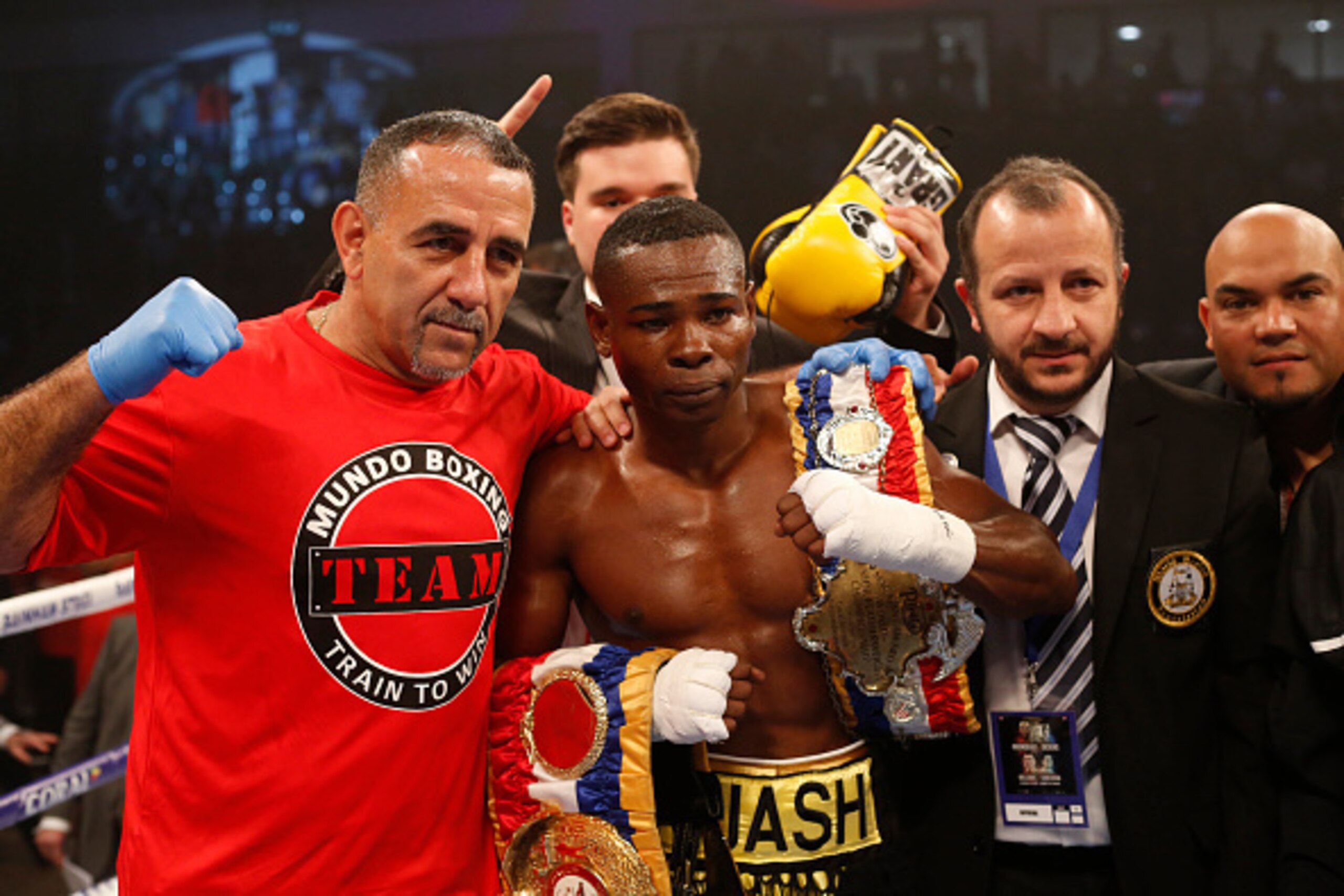 CARDIFF, WALES - JULY 16: Guillermo Rigondeaux of Cuba and his team after beating Jazza Dickens of Great Britain in their WBA Super-Bantamweight Championship bout at Cardiff Ice Arena on July 16, 2016 in Cardiff, Wales. (Photo by Julian Herbert/Getty Imag