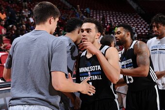 LAS VEGAS, NV - JULY 14:  Tyus Jones #1 of the Minnesota Timberwolves shakes hands with the Memphis Grizzlies after the game during the 2016 NBA Las Vegas Summer League game on July 14, 2016 at Thomas & Mack Center in Las Vegas, Nevada. NOTE TO USER: User