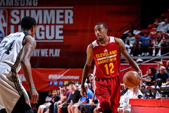 LAS VEGAS, NV - JULY 16: Jordan McRae #12 of the Cleveland Cavaliers handles the ball during the game against the Brooklyn Nets during the 2016 NBA Las Vegas Summer League at the Thomas & Mack Center on July 16, 2016 in Las Vegas, Nevada. NOTE TO USER: Us